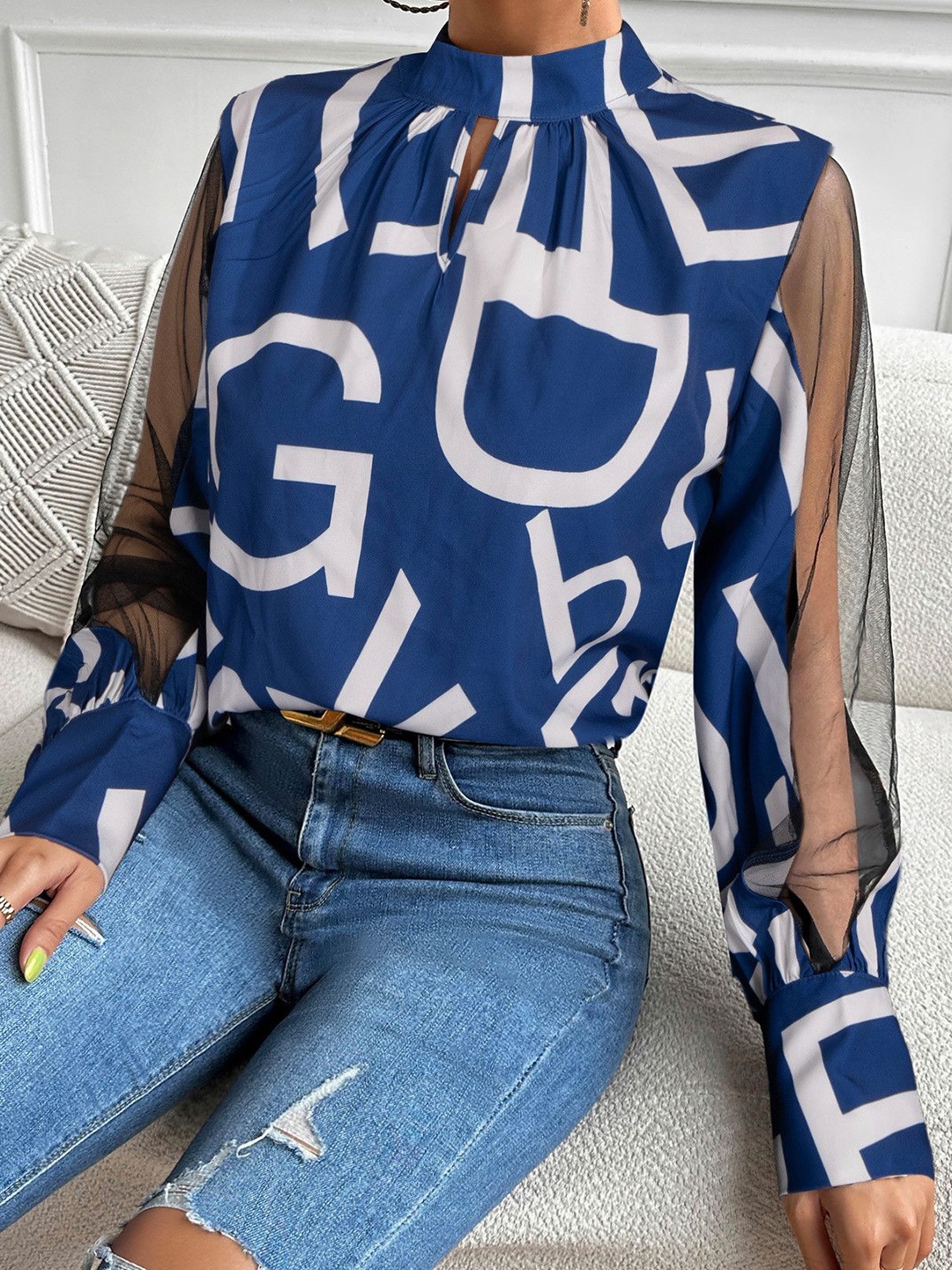 

bebe Geometric Print Top, Blue