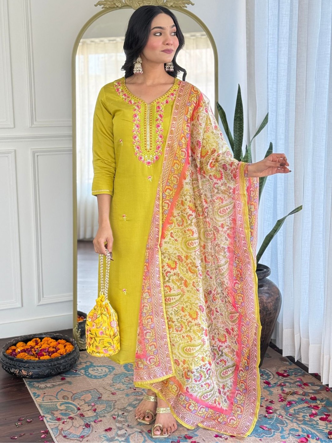 

KALINI Women Embroidered Regular Kurta with Trousers & With Dupatta, Yellow