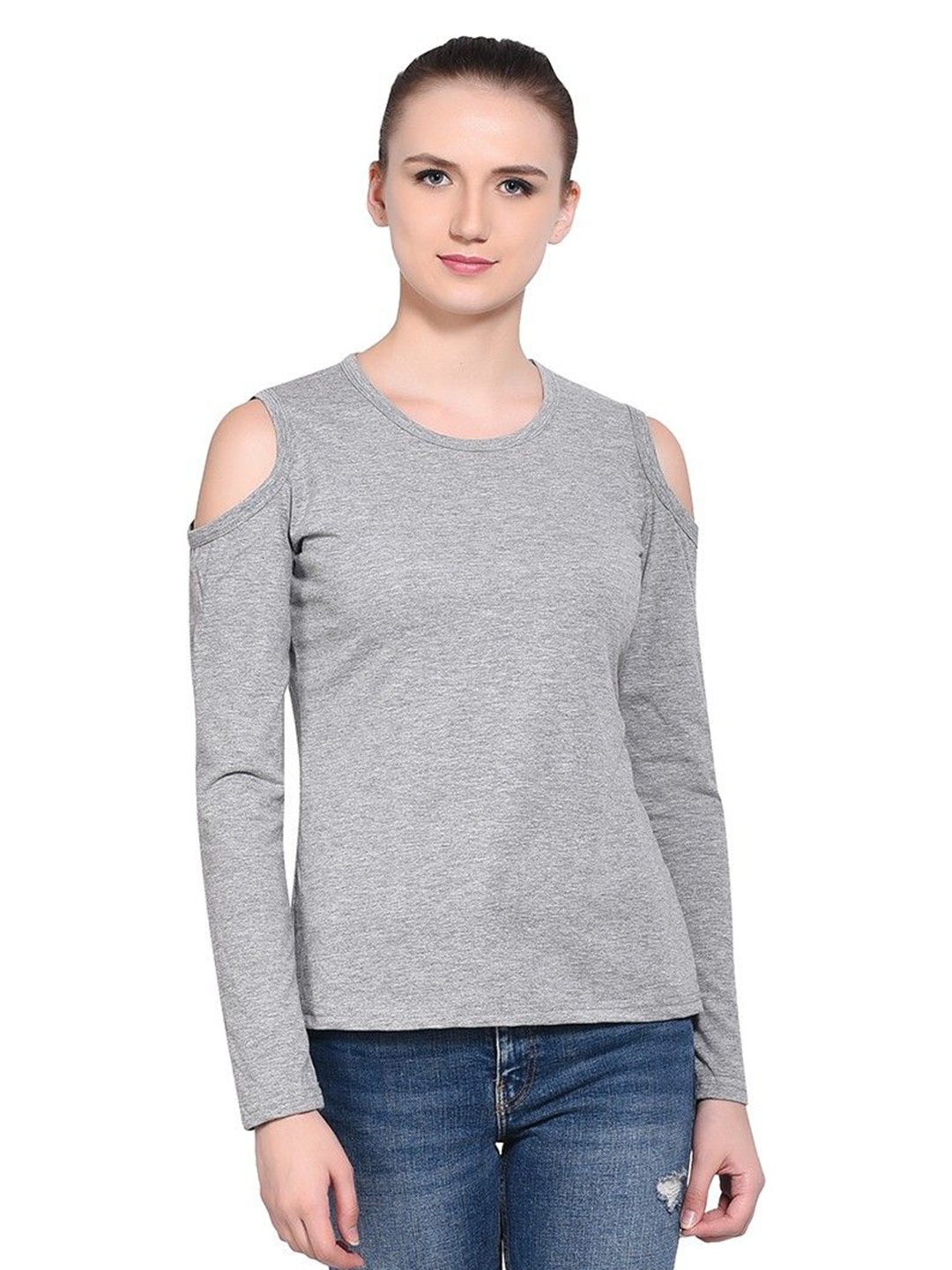 

BEYOU FASHION Women Cut Outs Slim Fit T-shirt, Grey