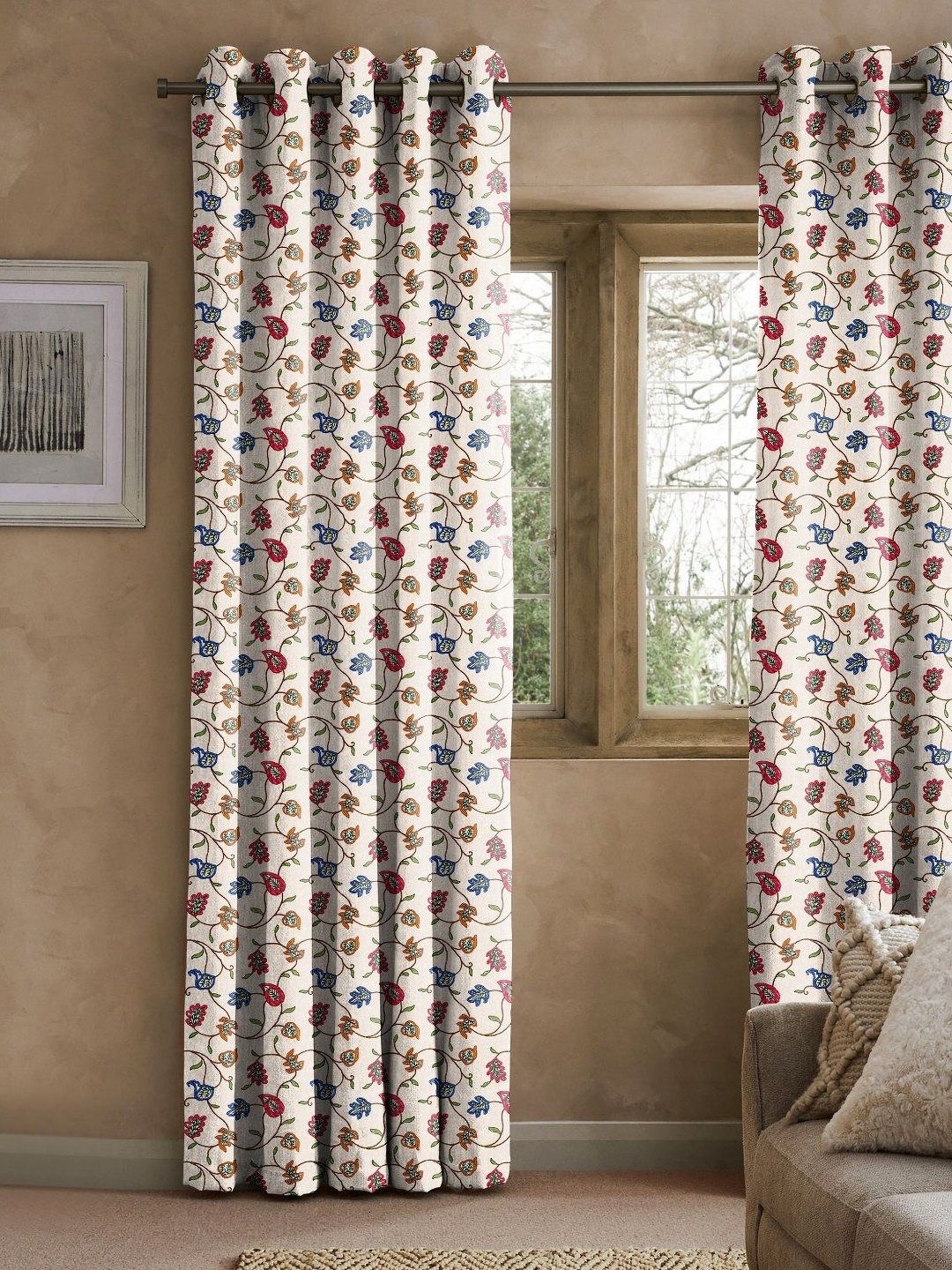 

CASABLEU Cream-Coloured Set of 2 Geometric Long Door Curtain