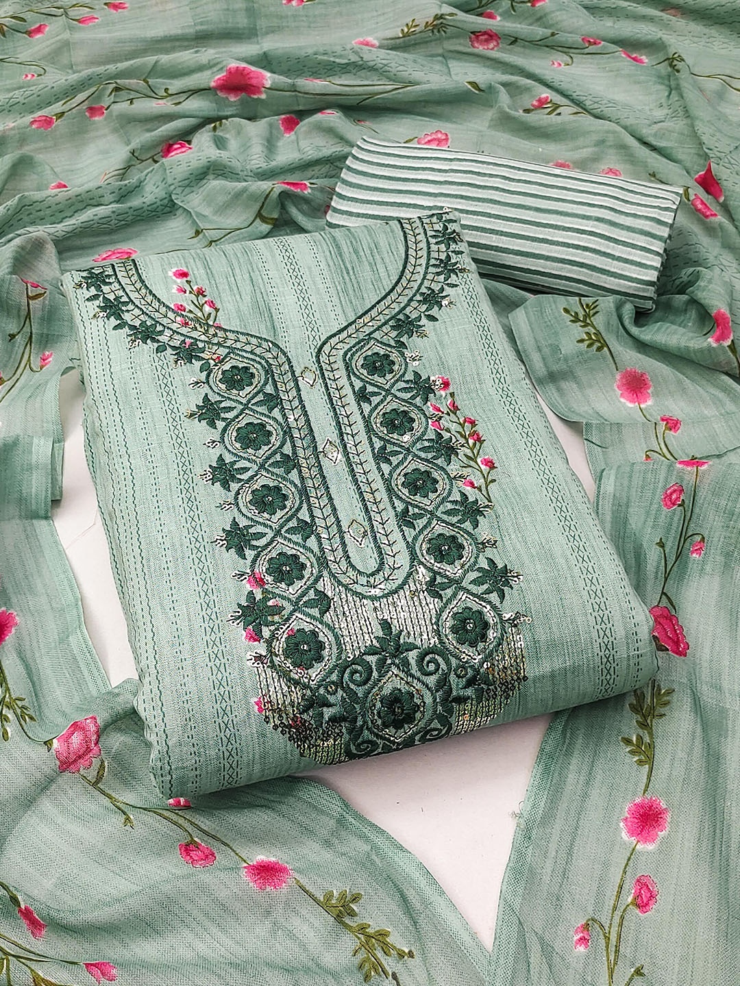 

SHADOW & SAINING Embroidered Pure Cotton Unstitched Dress Material, Sea green