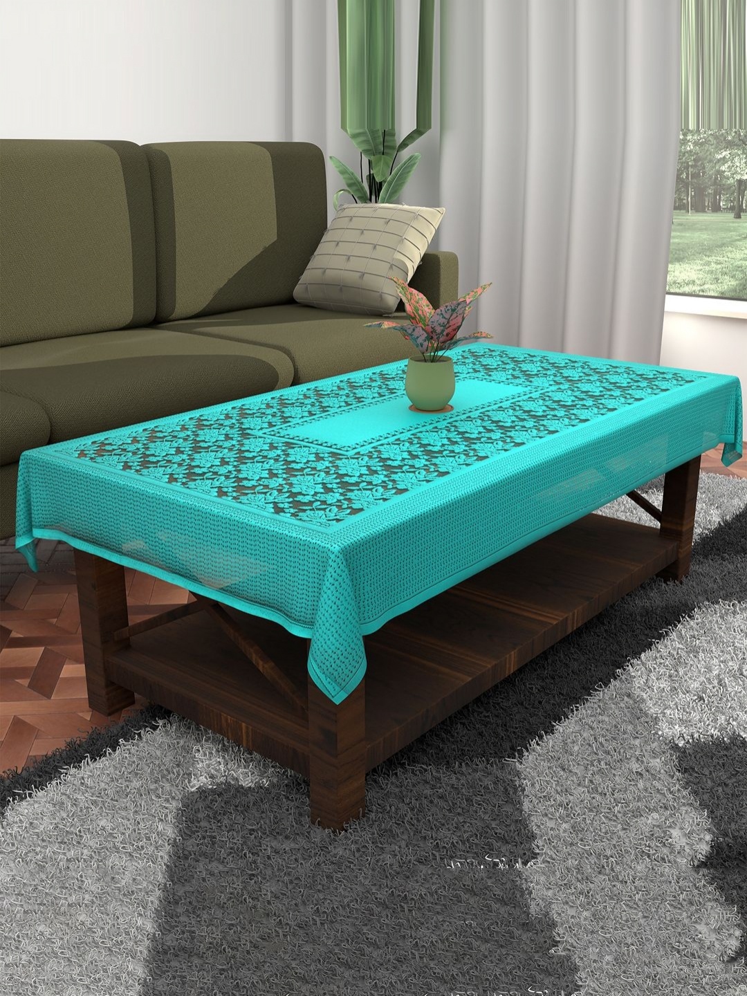 

Aura Blue Floral Cotton 4-Seater Table Cover with Embroidered details