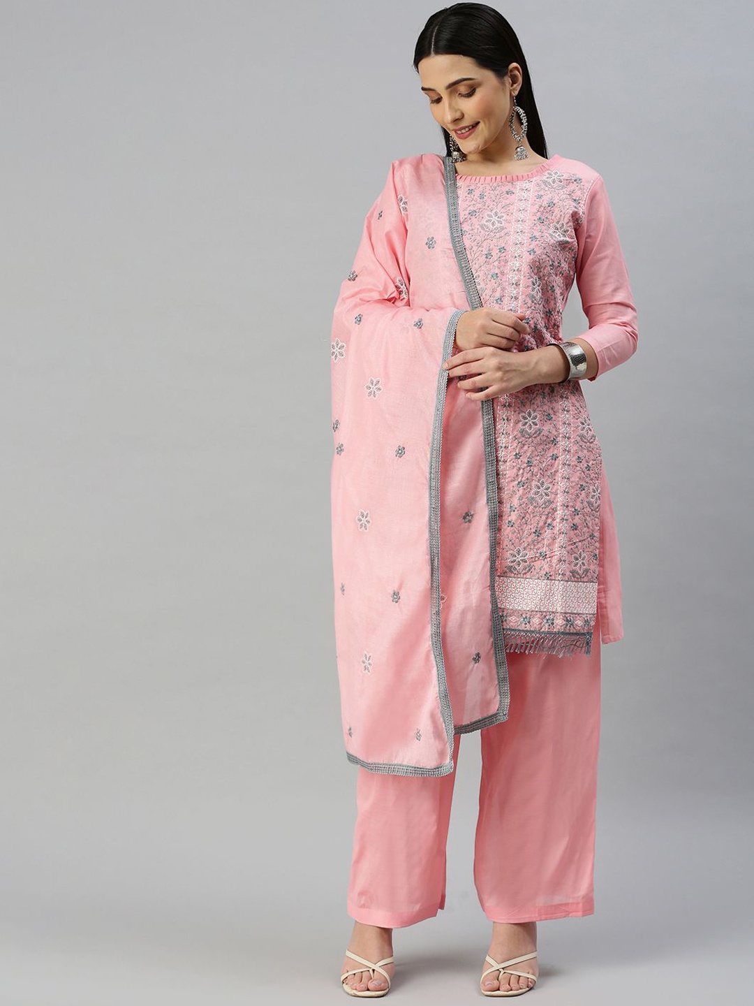 

SHADOW & SAINING Embroidered Pure Cotton Semi-Stitched Dress Material, Pink