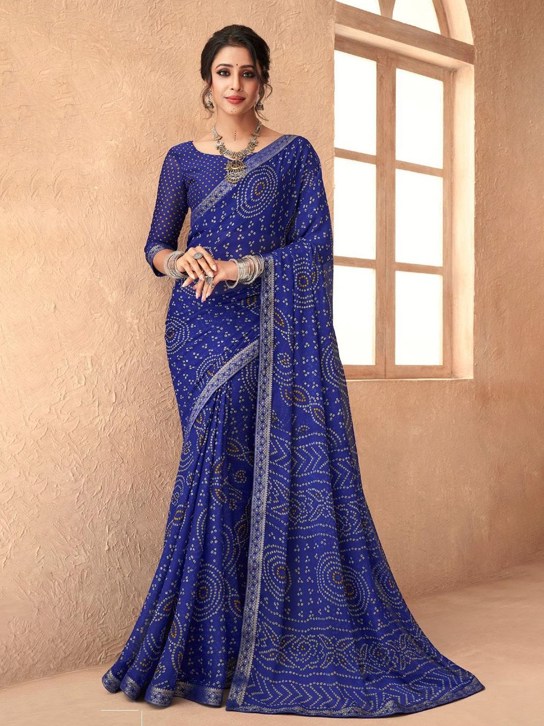 

Reboot Fashions Bandhani Pure Chiffon Bandhani Saree, Blue