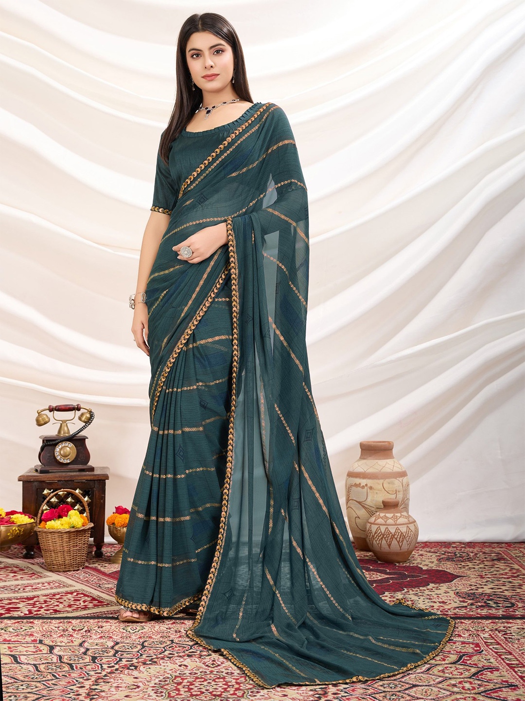 

LeeliPeeri Designer Ethnic Motifs Poly Georgette Saree, Teal