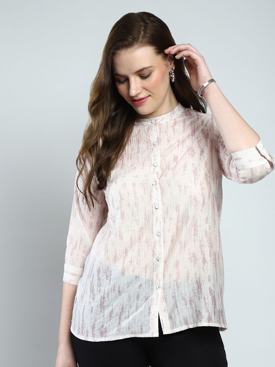 

Monte Carlo Print Mandarin Collar Top, Beige