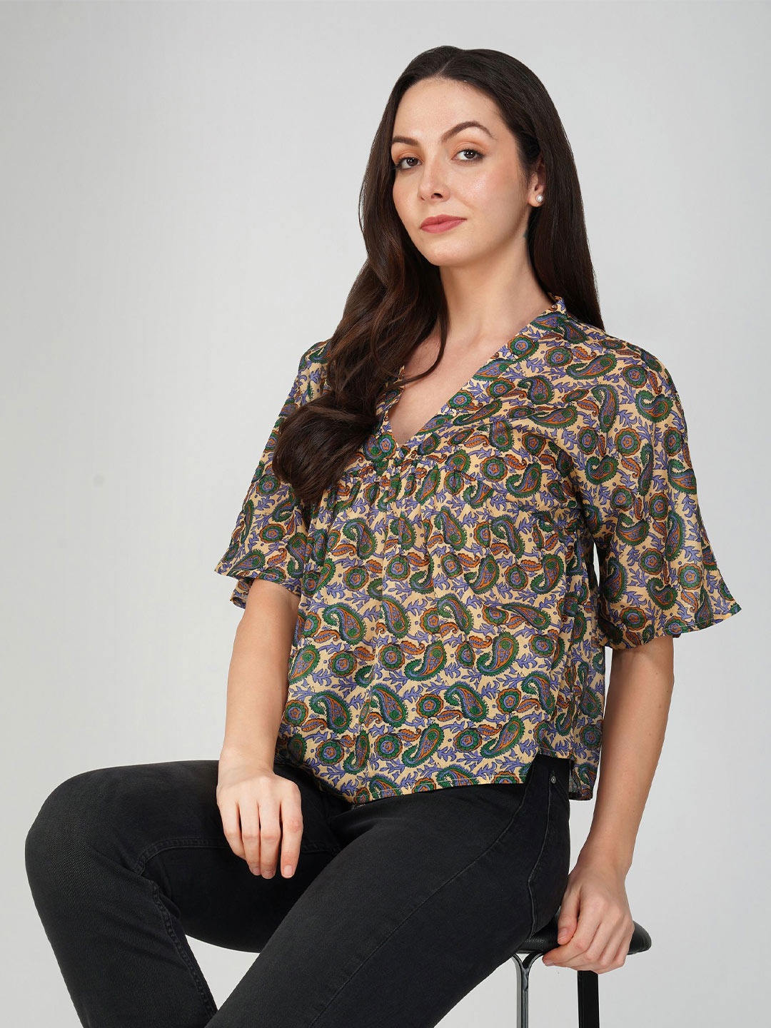 

Avor Lifestyle Print Flared Sleeve Cotton Empire Top, Green