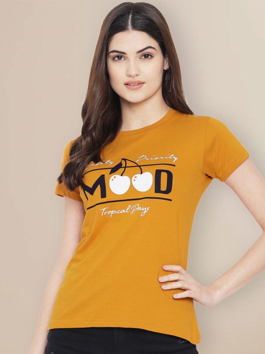 

GLOBAL NOMAD Women Typography Printed T-shirt, Mustard
