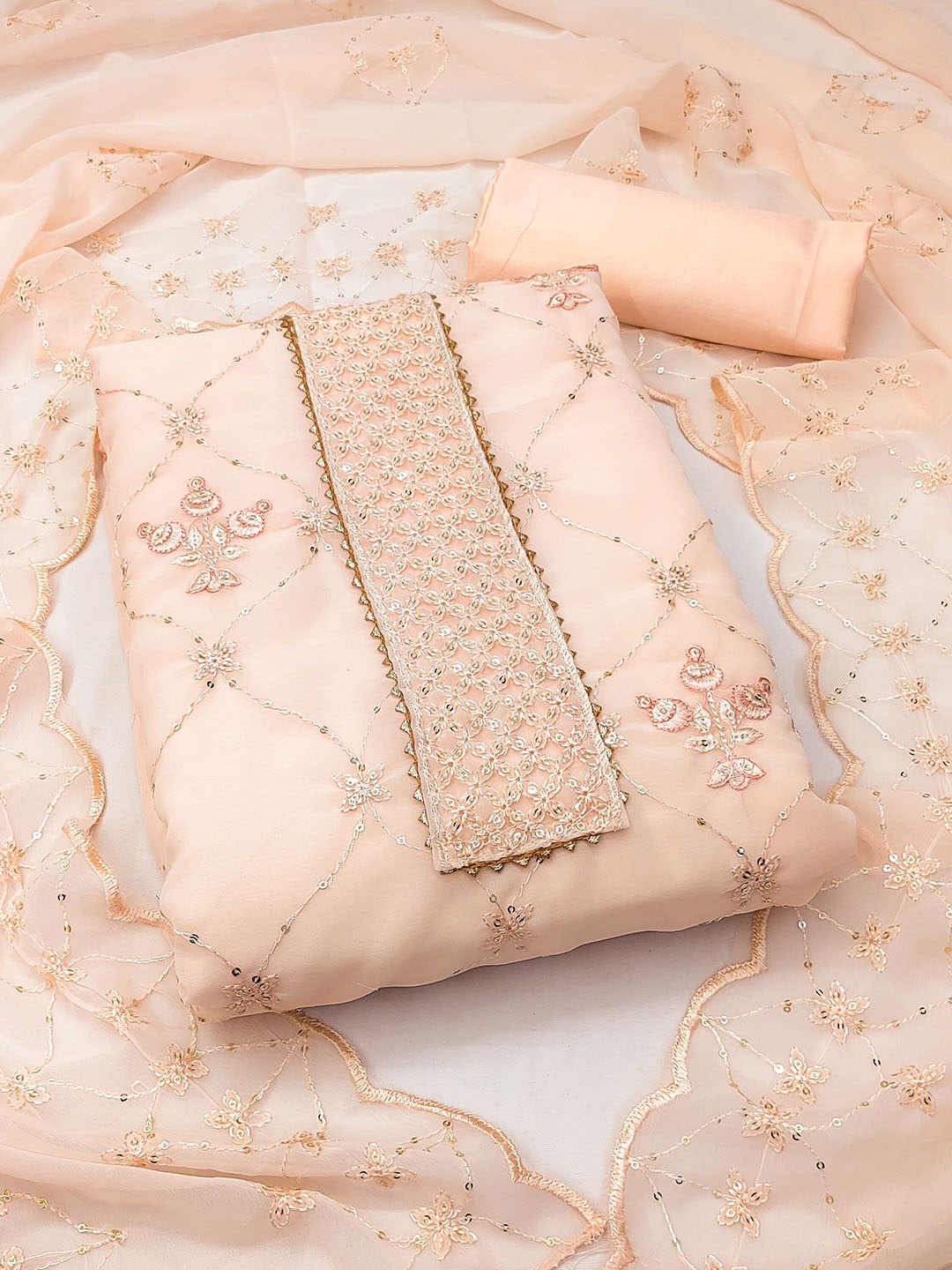 

SHADOW & SAINING Embroidered Silk Georgette Unstitched Dress Material, Beige