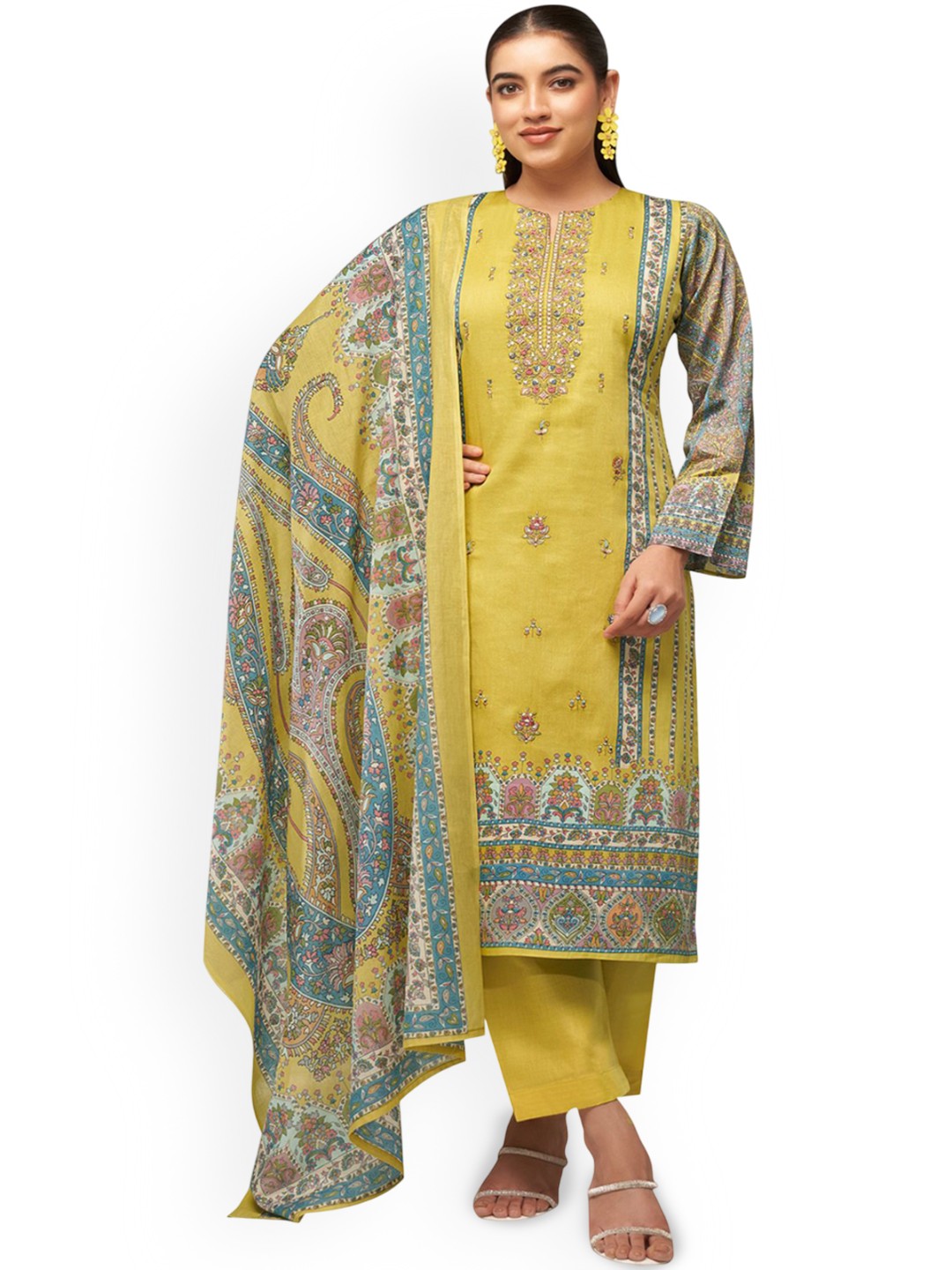 

DRAVINAM Trends Embroidered Pure Cotton Unstitched Dress Material, Yellow