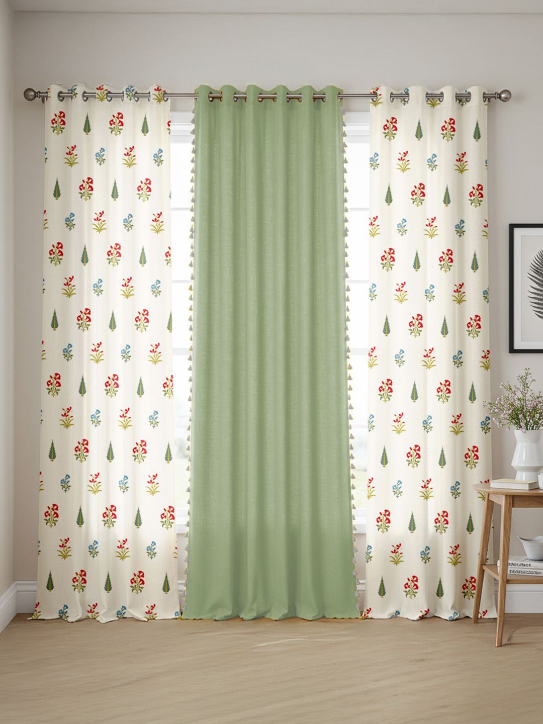 

URBAN SPACE Green & White Set of 3 Ethnic Motifs Long Door Curtain