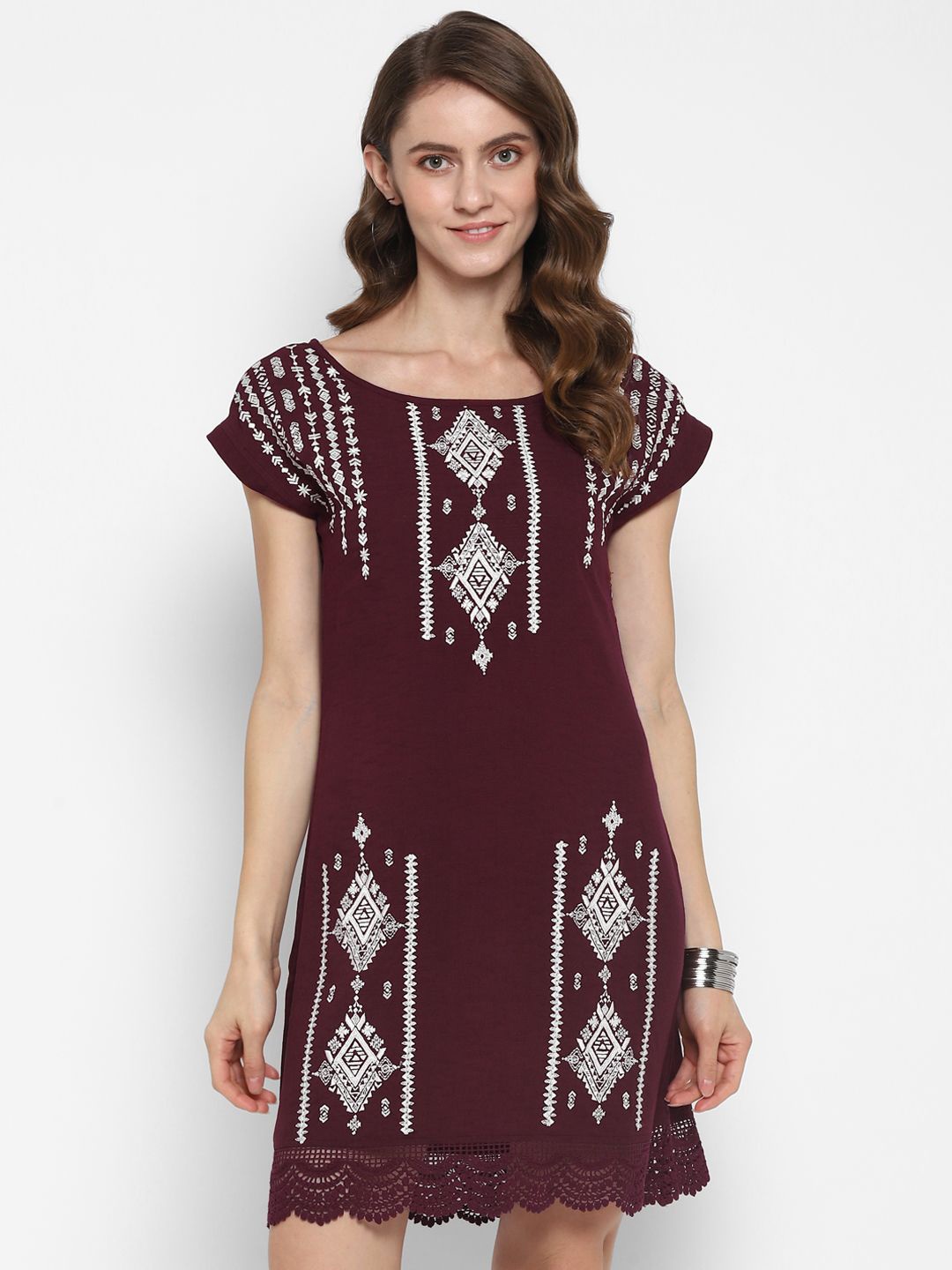 

Taurus Ethnic Motifs Embroidered A-Line Dress, Maroon