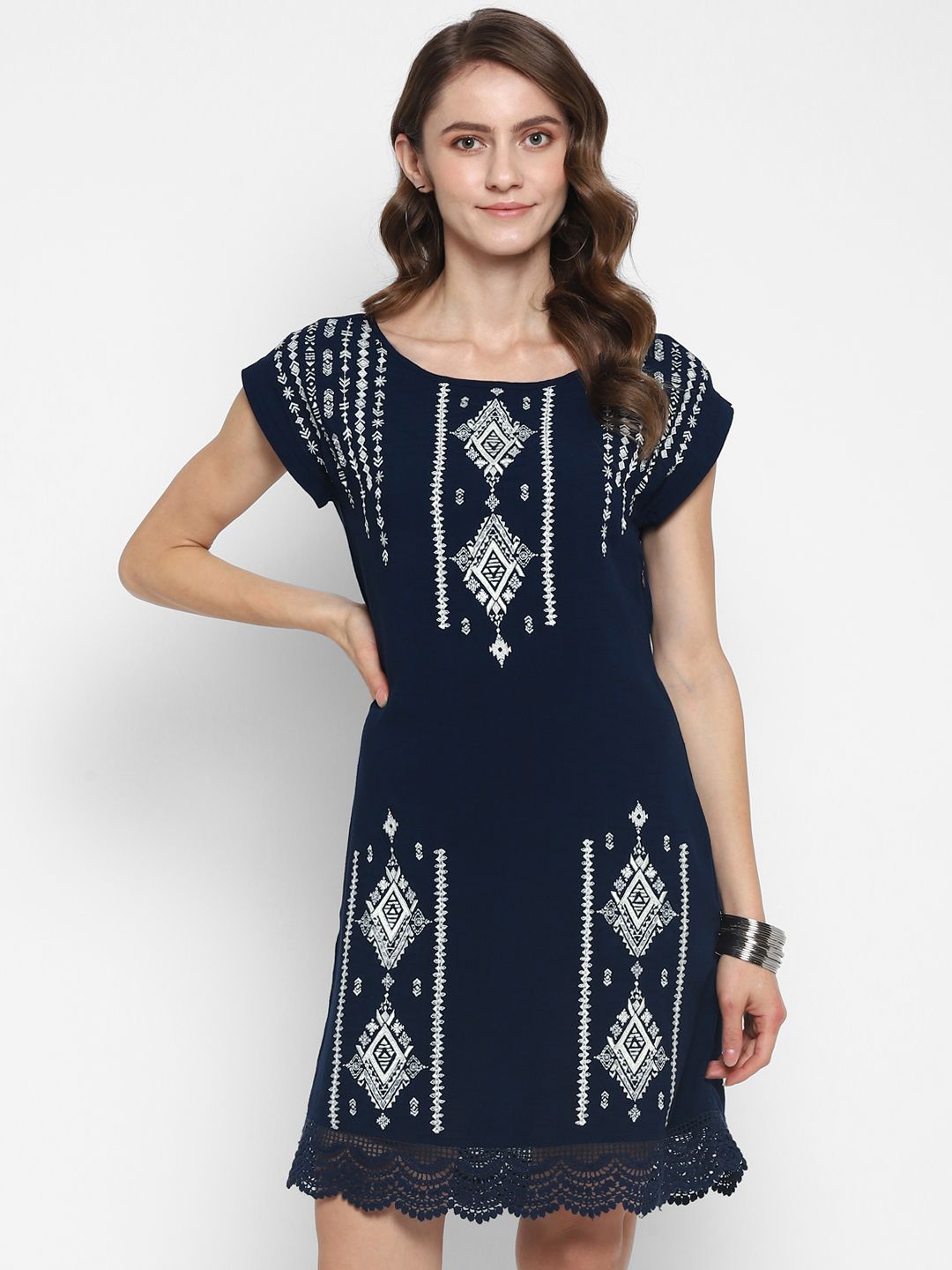

Taurus Ethnic Motifs Embroidered A-Line Dress, Blue