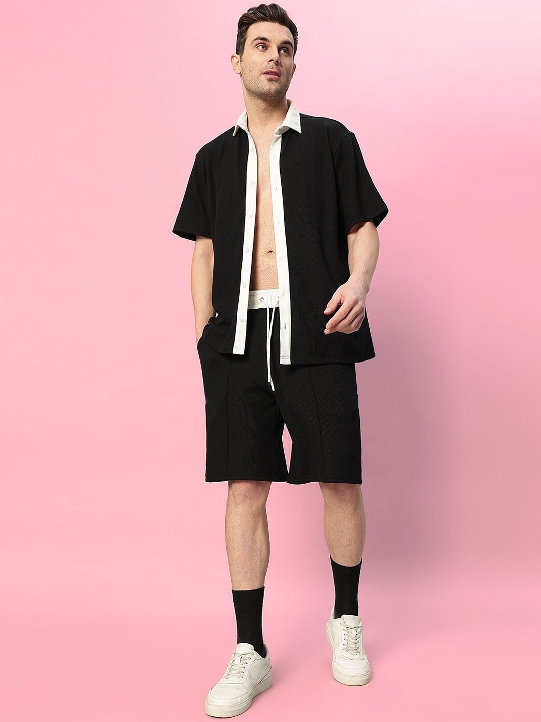 

WEARDUDS Robson Pure Cotton Collar Neck Shirt With Shorts Co-Ords, Black