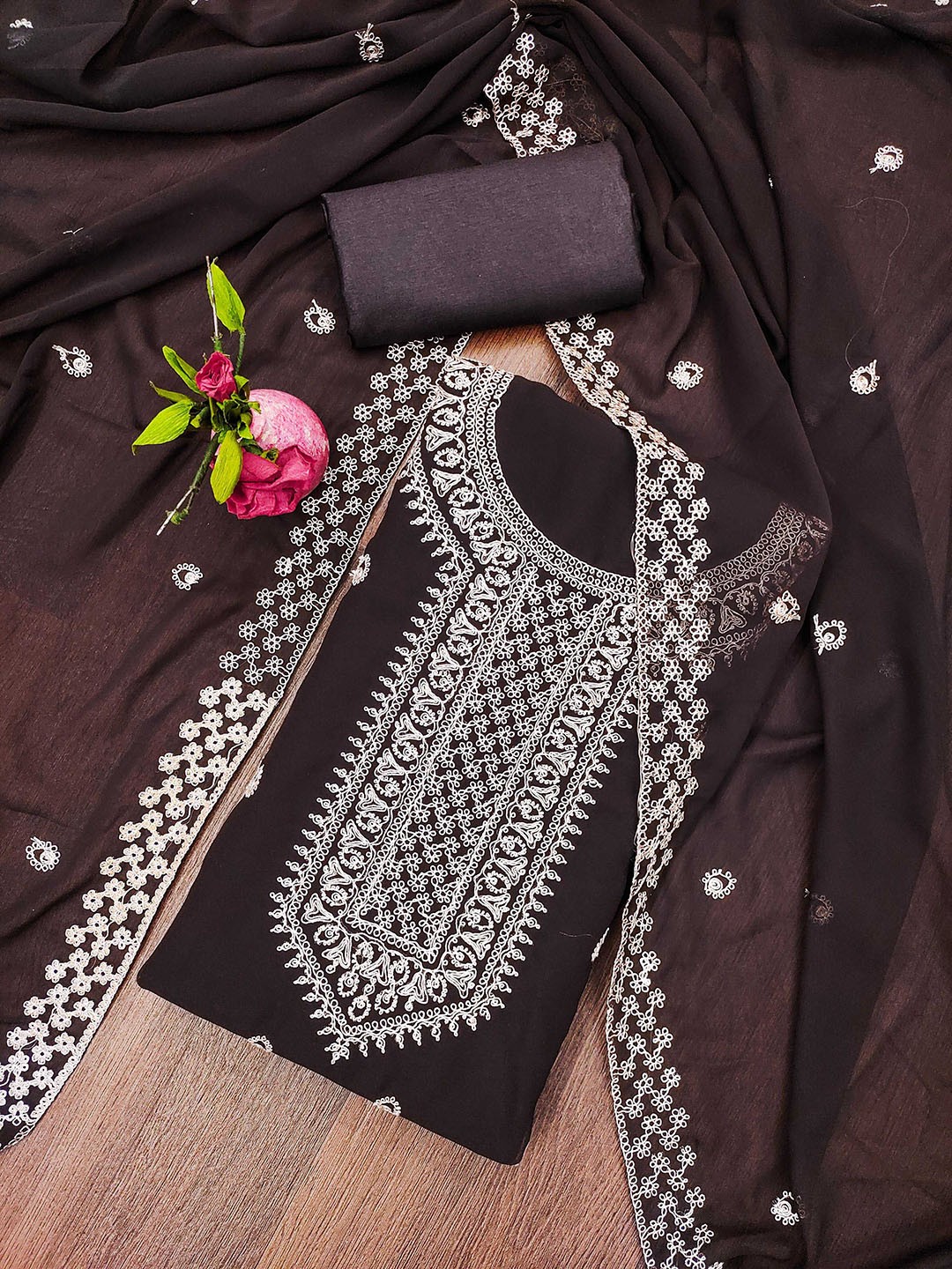 

SHADOW & SAINING Embroidered Silk Georgette Unstitched Dress Material, Brown