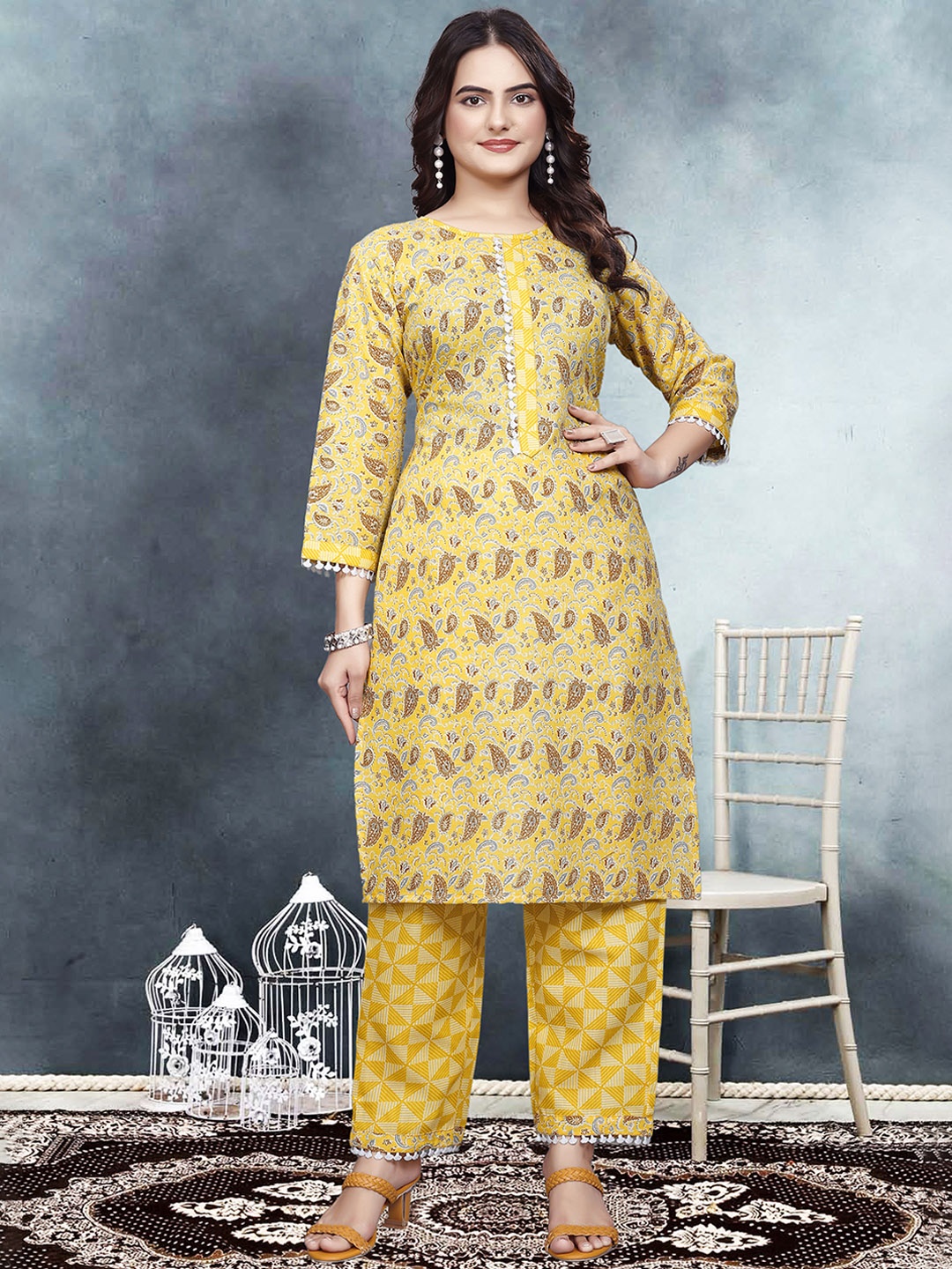 

Sitanjali Women Regular Pure Cotton Kurta with Trousers & With Dupatta, Yellow