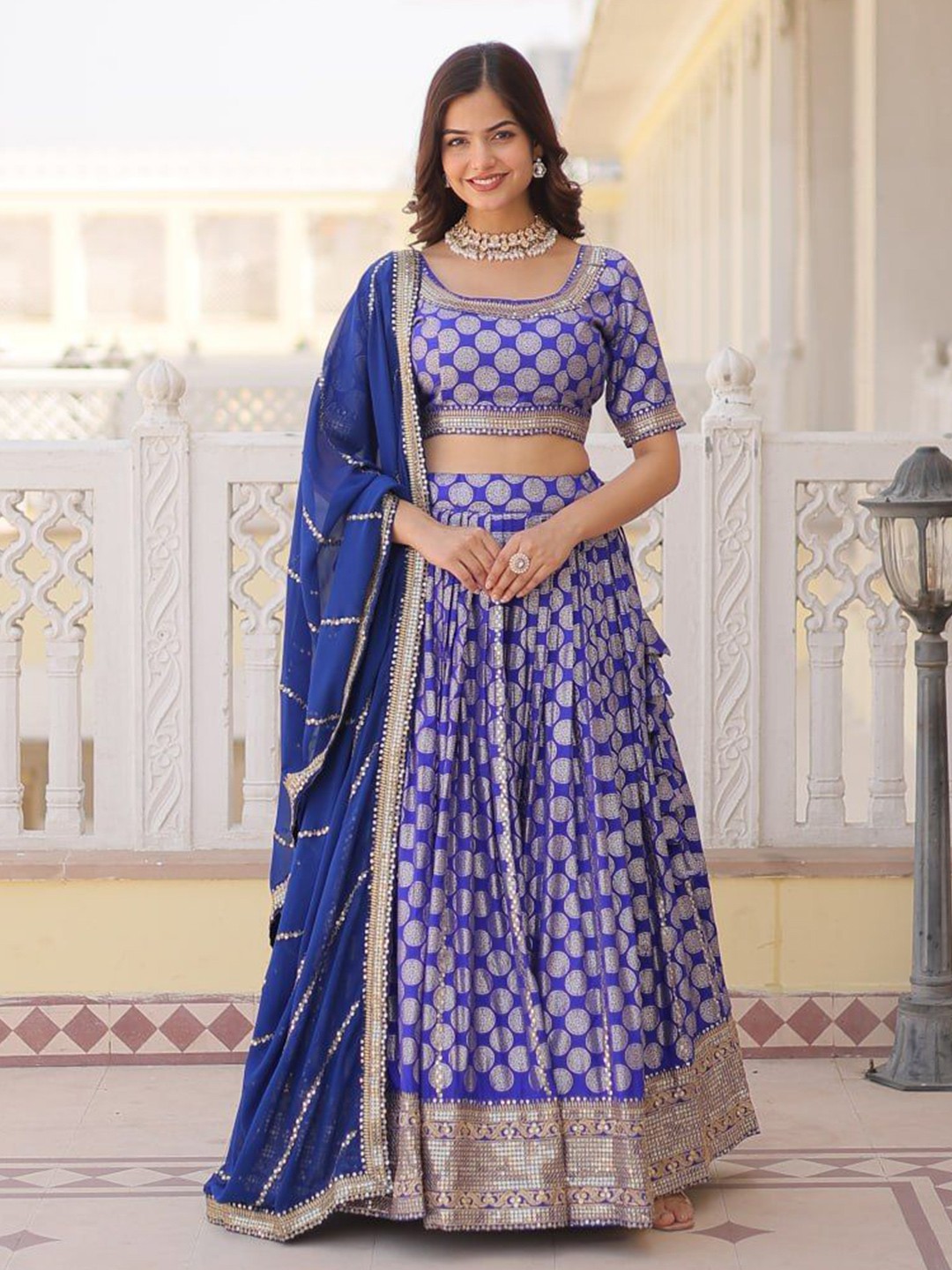 

ZIBLON Printed Sequinned Ready to Wear Lehenga & Unstitched Blouse With Dupatta, Blue