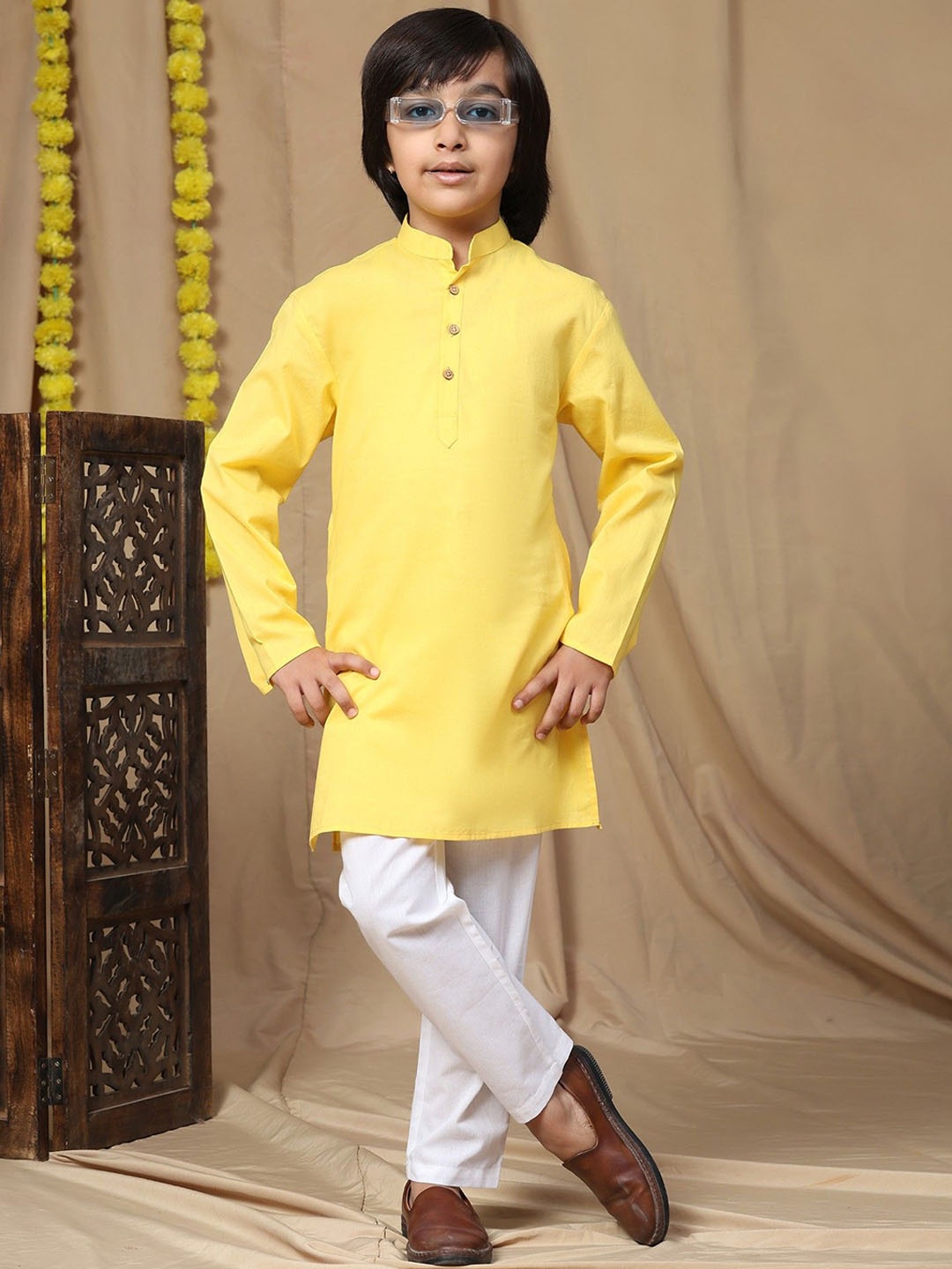 

SKAVIJ Men Regular Pure Cotton Kurta with Pyjamas, Yellow