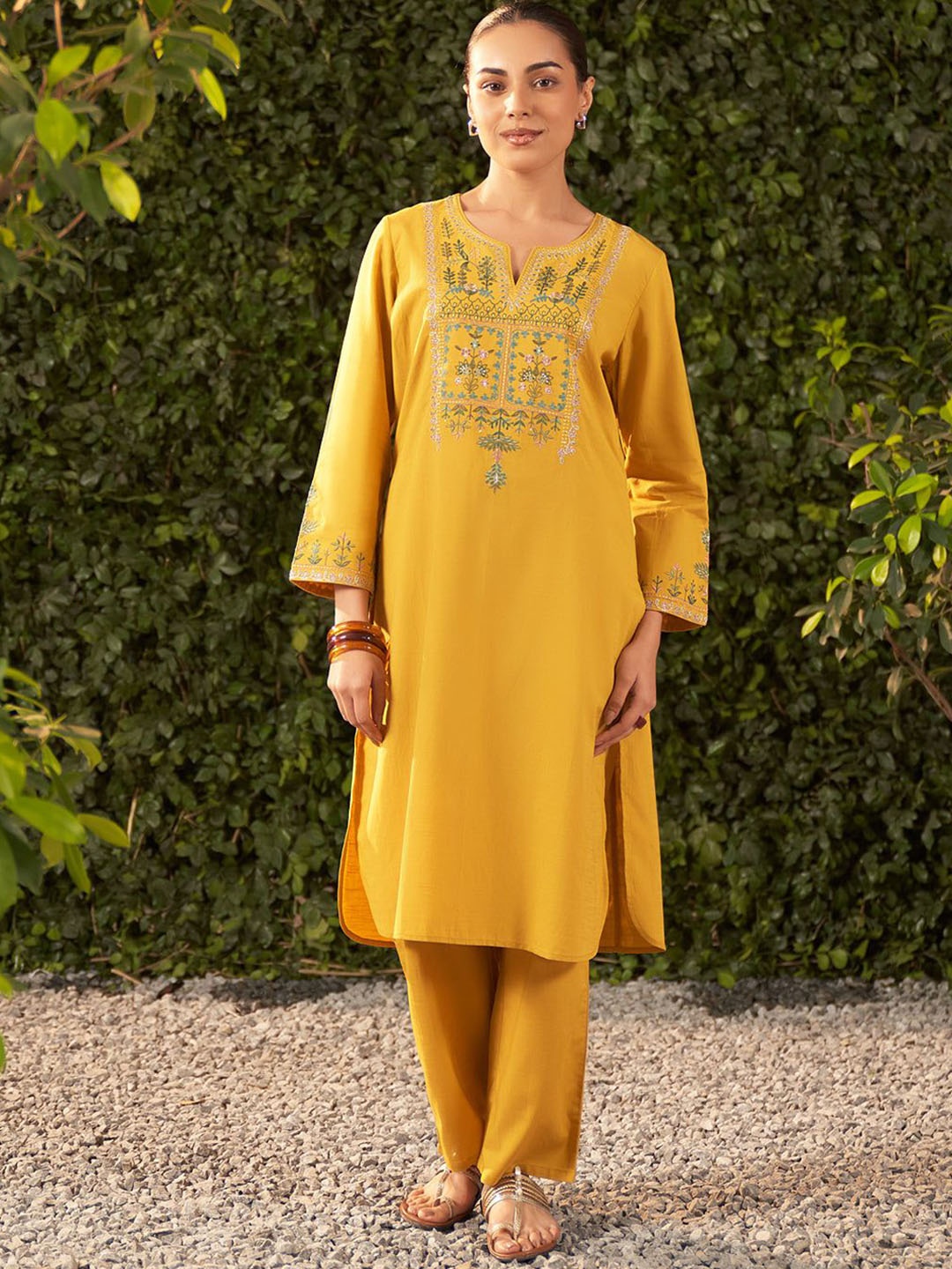 

Lakshita Women Mustard Embroidered Cotton Co-Ords Set, Yellow