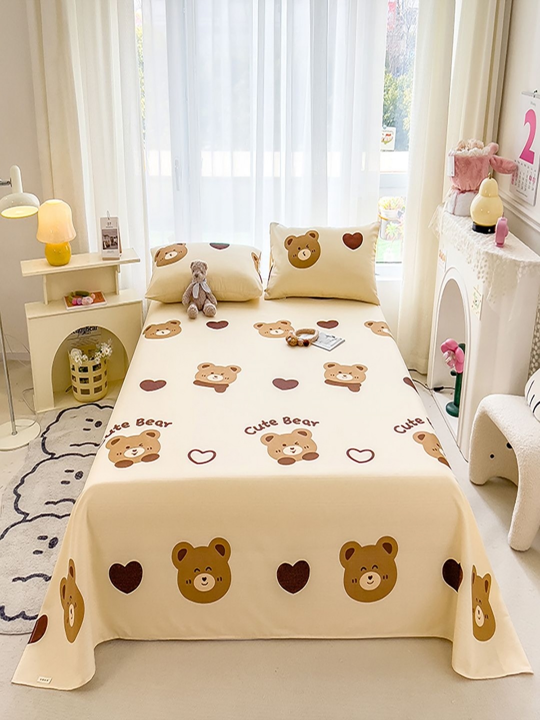 

JC HOME Beige Cartoon Characters 140 TC Queen Bedsheet with 2 Pillow Covers