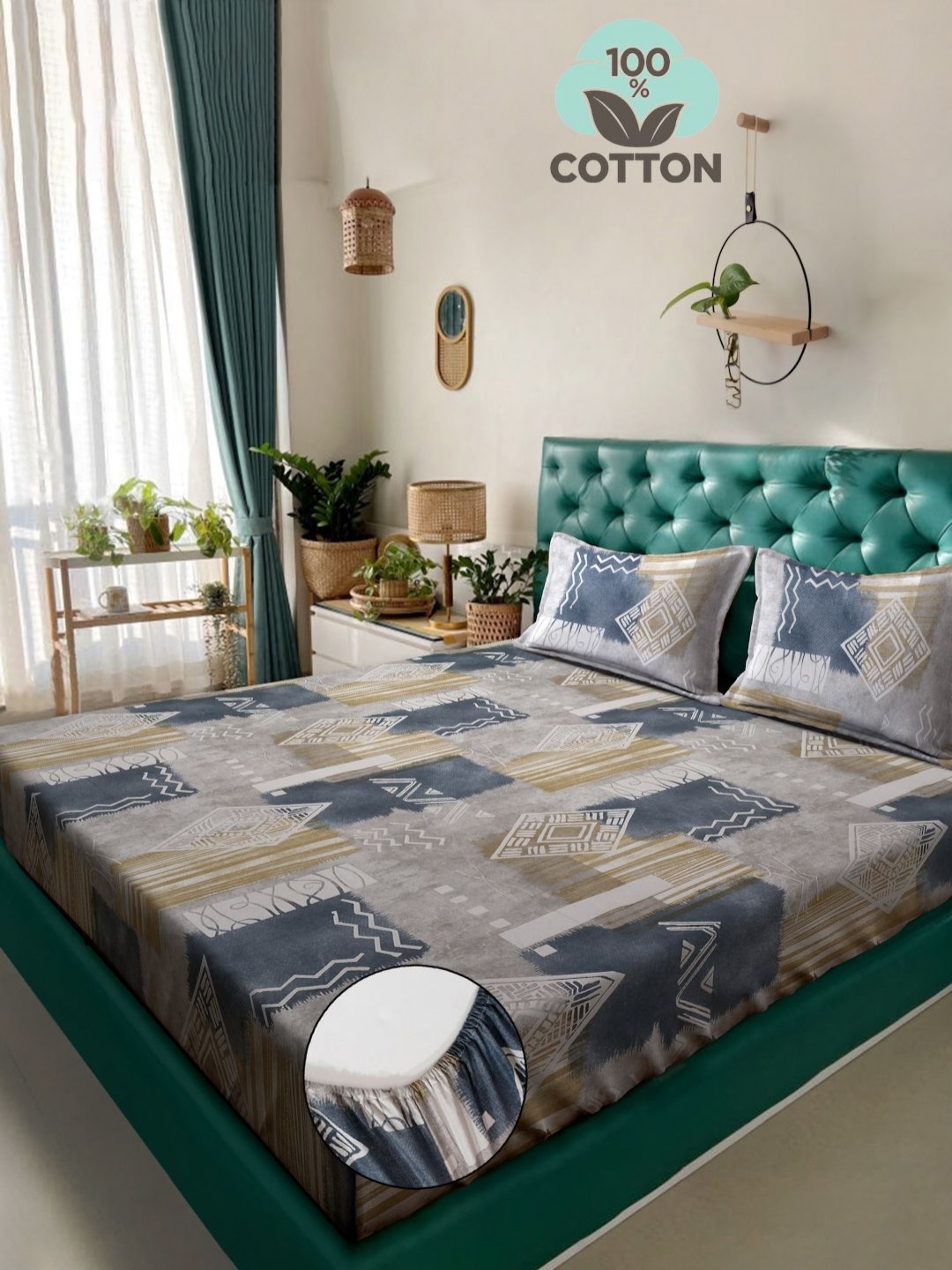 

Myntra Elegant Homes Grey & Beige Geometric 400 TC King Bedsheet with 2 Pillow Covers