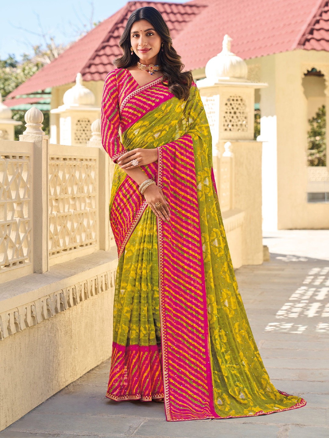 

Laxmipati Floral Poly Chiffon Saree, Green