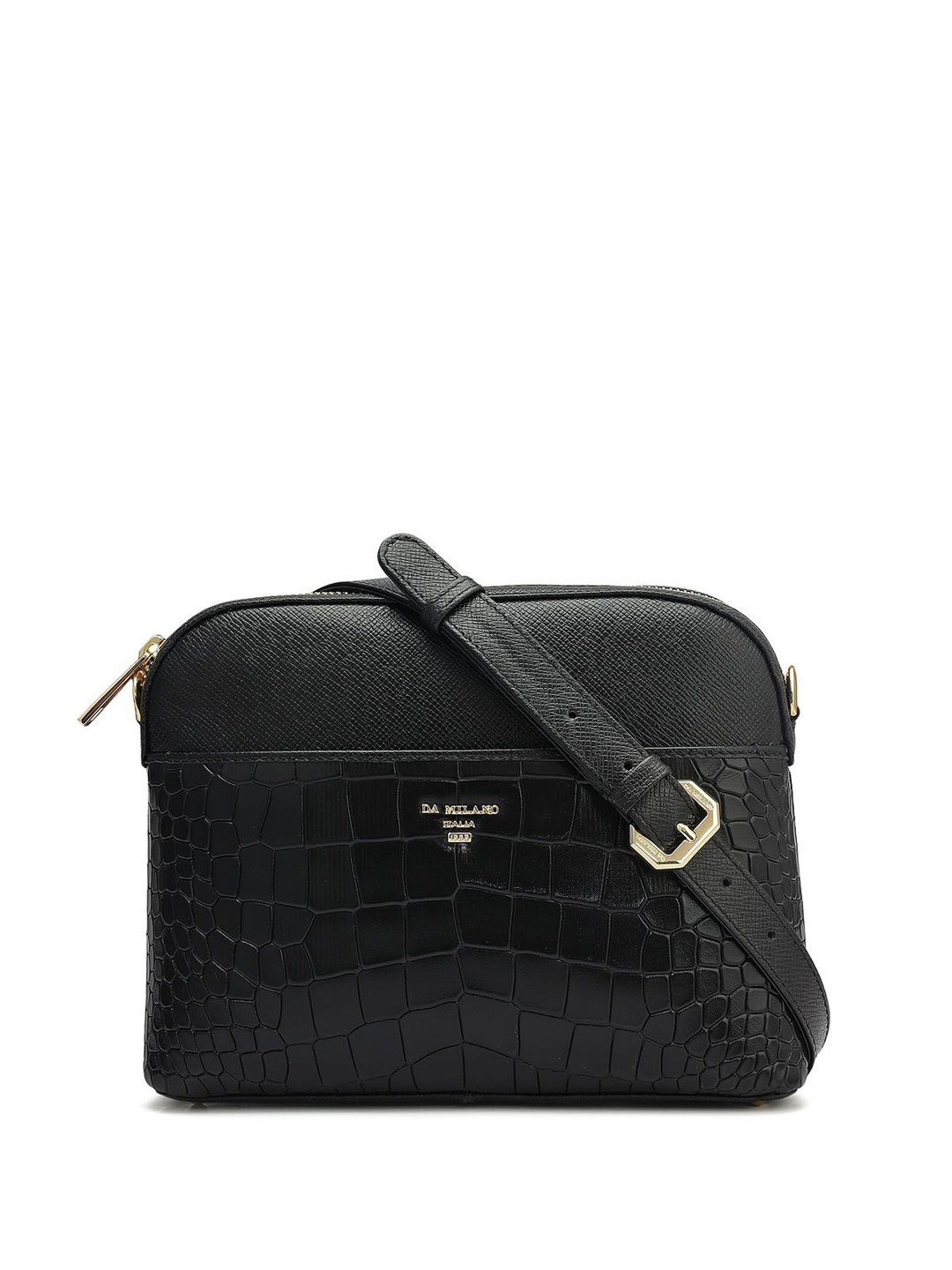

Da Milano Animal Textured Leather Sling Bag with Quilted, Black