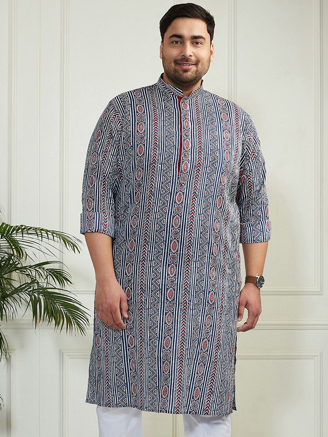 

VASTRAMAY Men Printed Kantha Work Kurta, Blue