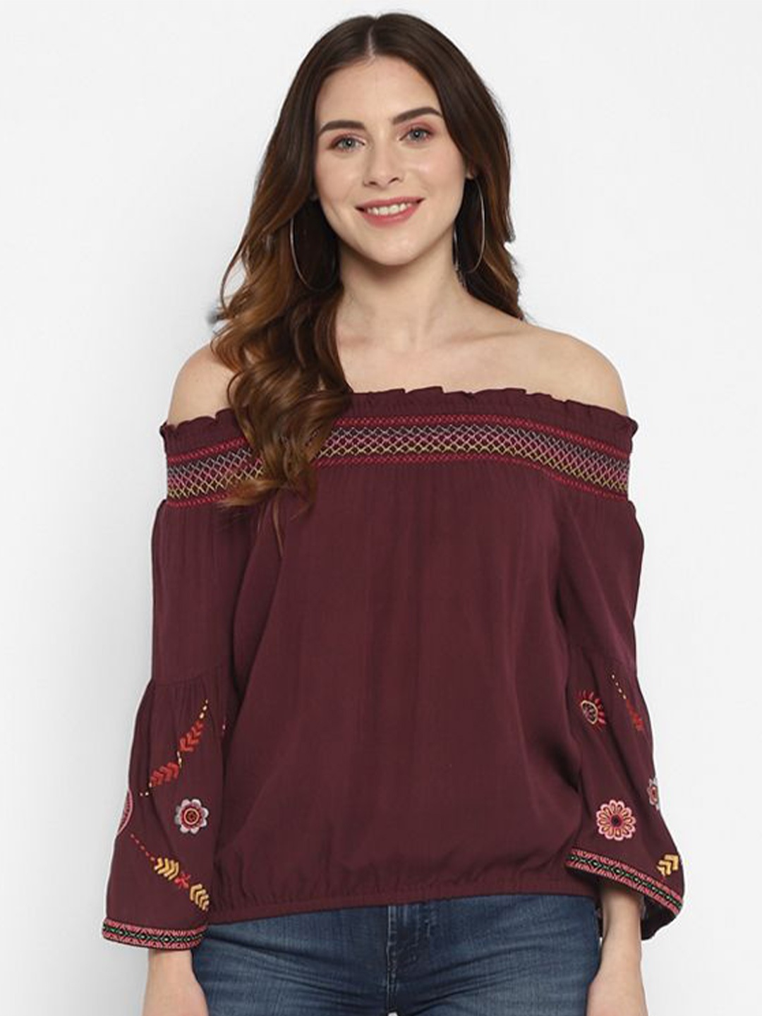 

Taurus Embroidered Off-Shoulder Top, Maroon