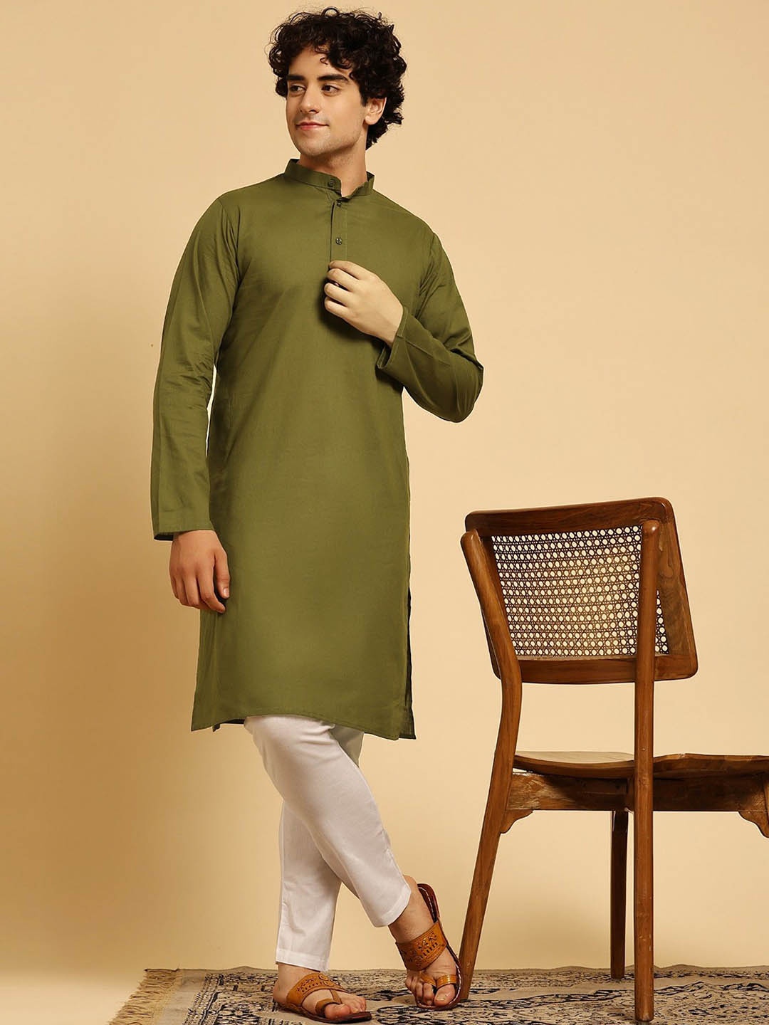 

SKAVIJ Men Regular Pure Cotton Kurta with Pyjamas, Olive