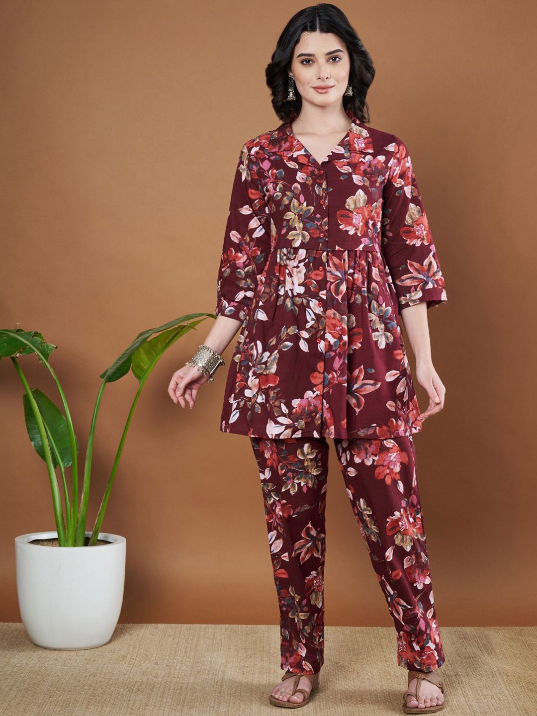 

Anouk Printed Pure Cotton Shirt Collar Top With Trousers Co-Ords Set, Maroon