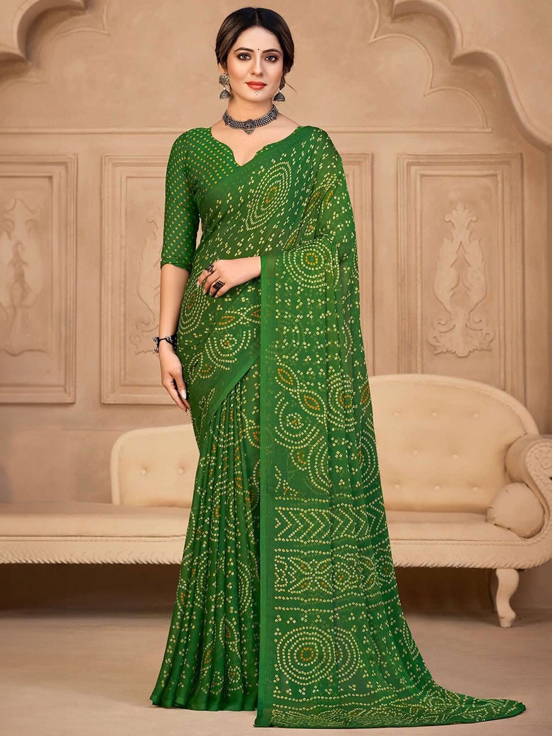 

Reboot Fashions Bandhani Pure Chiffon Bandhani Saree, Green