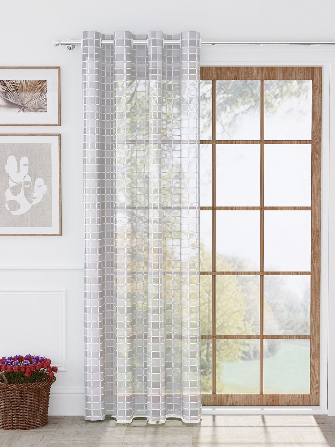 

Story@home White & Silver-Toned Geometric Sheer Long Door Curtain