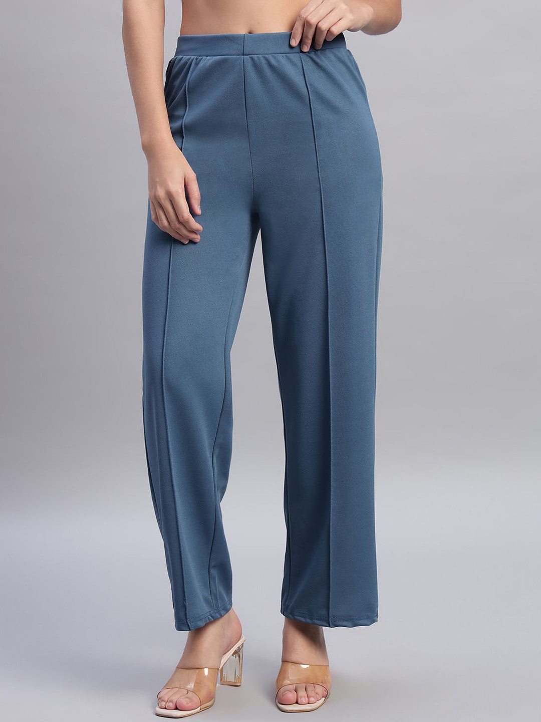 

DIZON Women Striped Original Straight Fit Easy Wash Trousers, Blue
