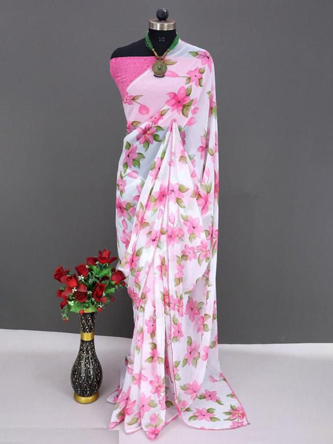 

A TO Z CART Floral Pure Georgette Saree, White
