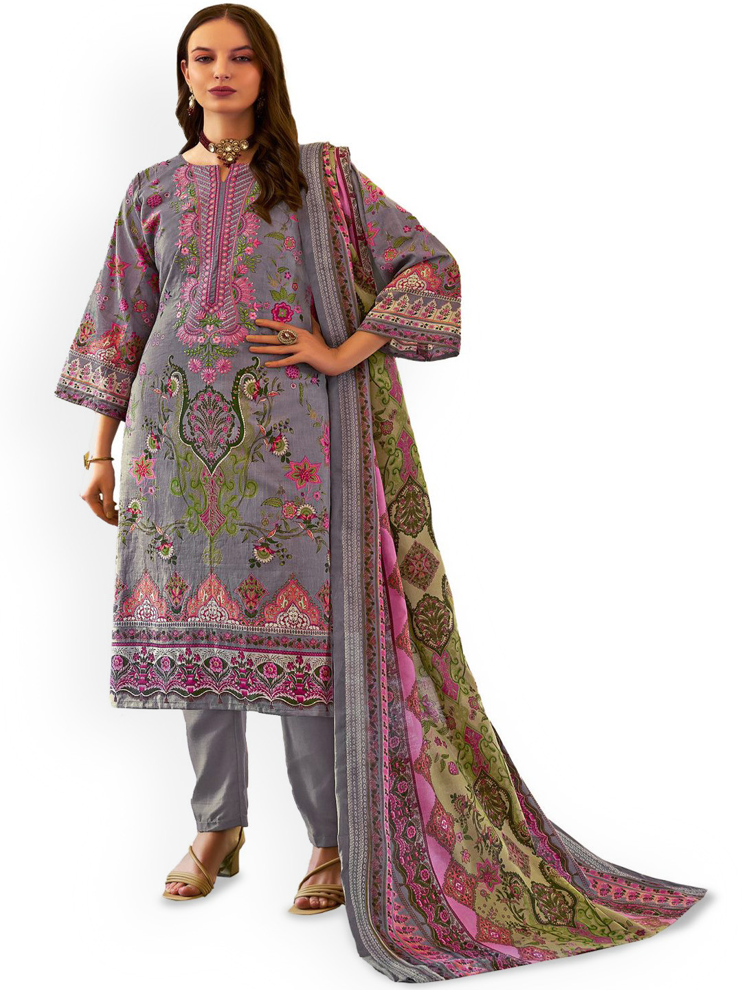

DRAVINAM Trends Embroidered Pure Cotton Unstitched Dress Material, Grey
