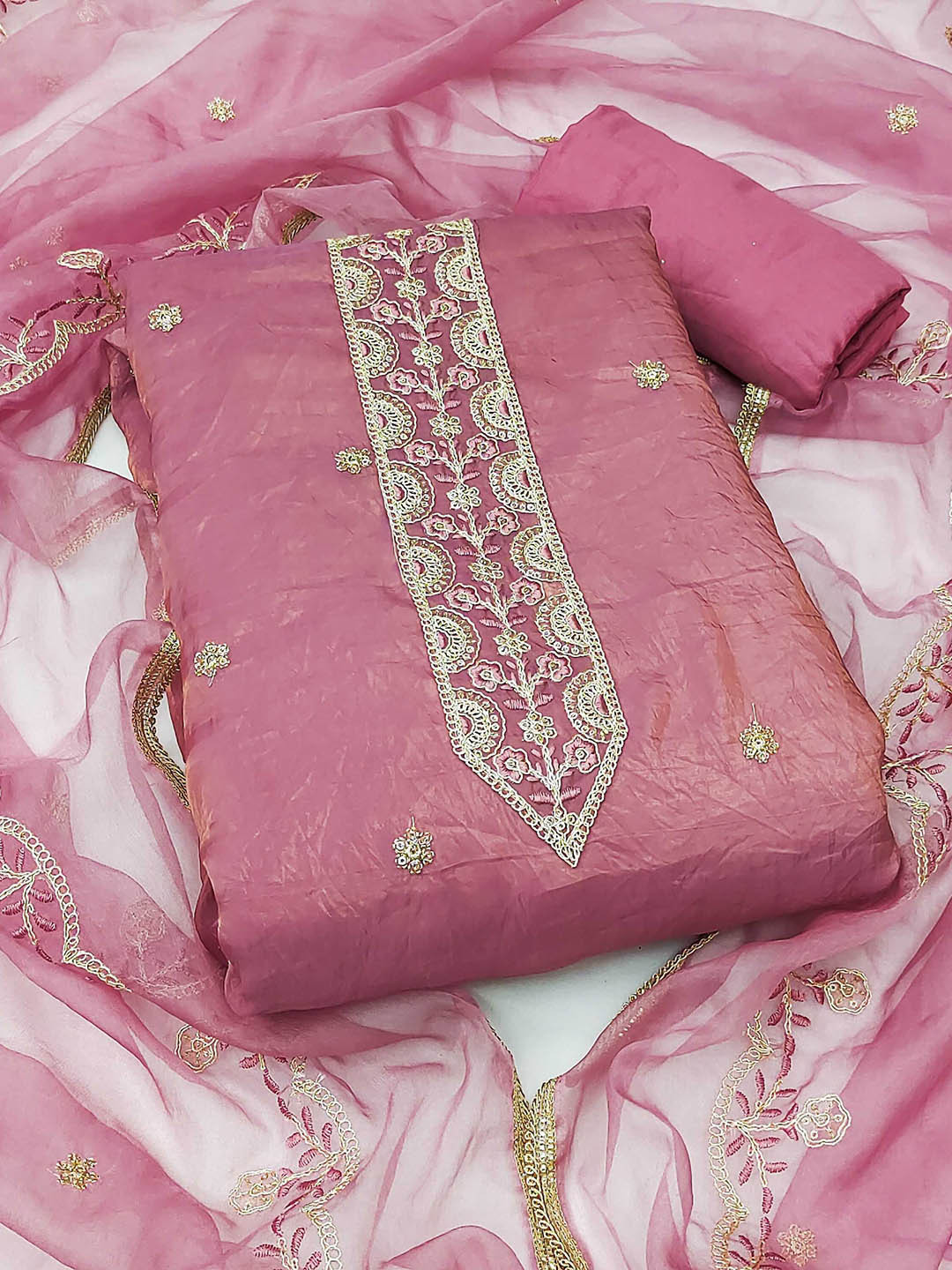 

SHADOW & SAINING Embroidered Pure Silk Semi-Stitched Dress Material, Pink