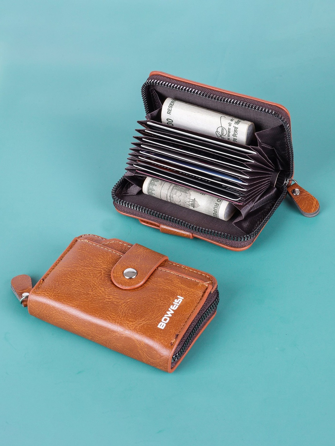 

WATCHSTAR Men Zip Detail Leather Card Holder, Brown