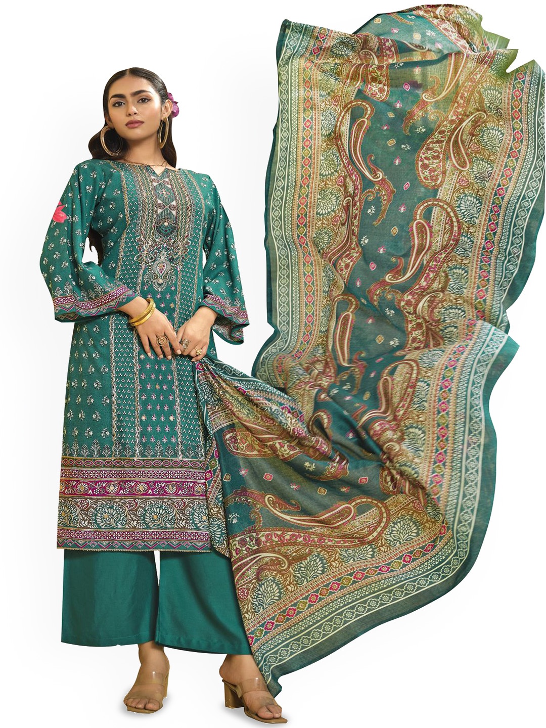 

DRAVINAM Trends Embroidered Viscose Rayon Unstitched Dress Material, Green