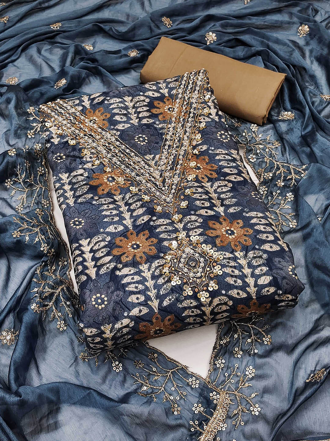 

SHADOW & SAINING Printed Semi-Stitched Dress Material, Blue