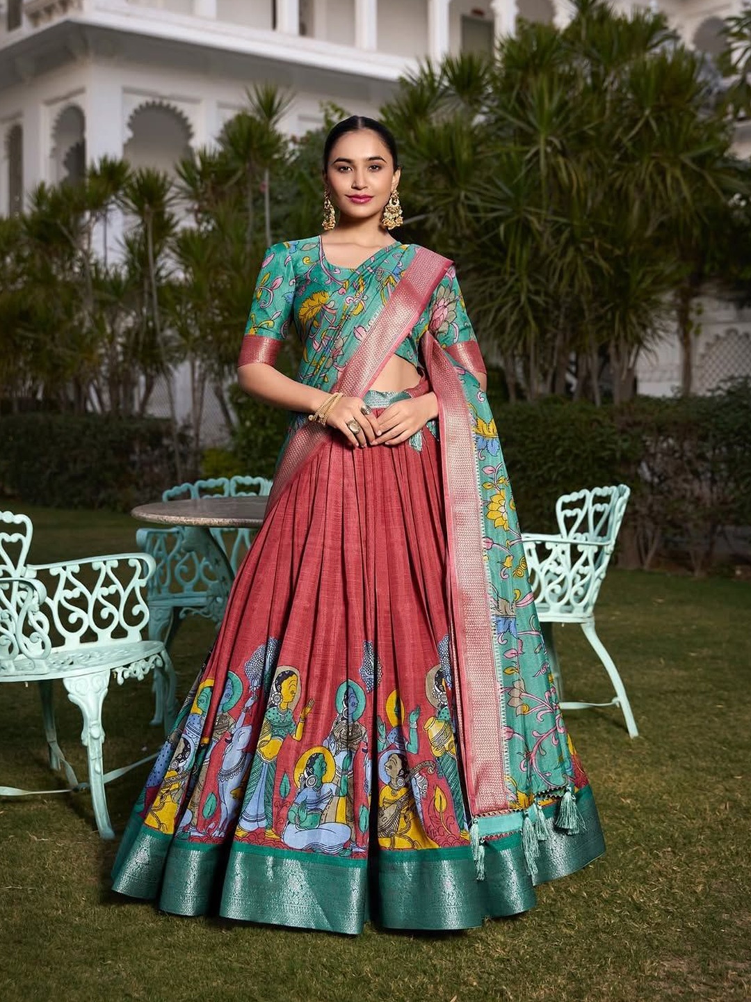 

RADHVI BIZ Printed Kalamkari Ready to Wear Lehenga & Semi-Stitched Blouse With Dupatta, Red