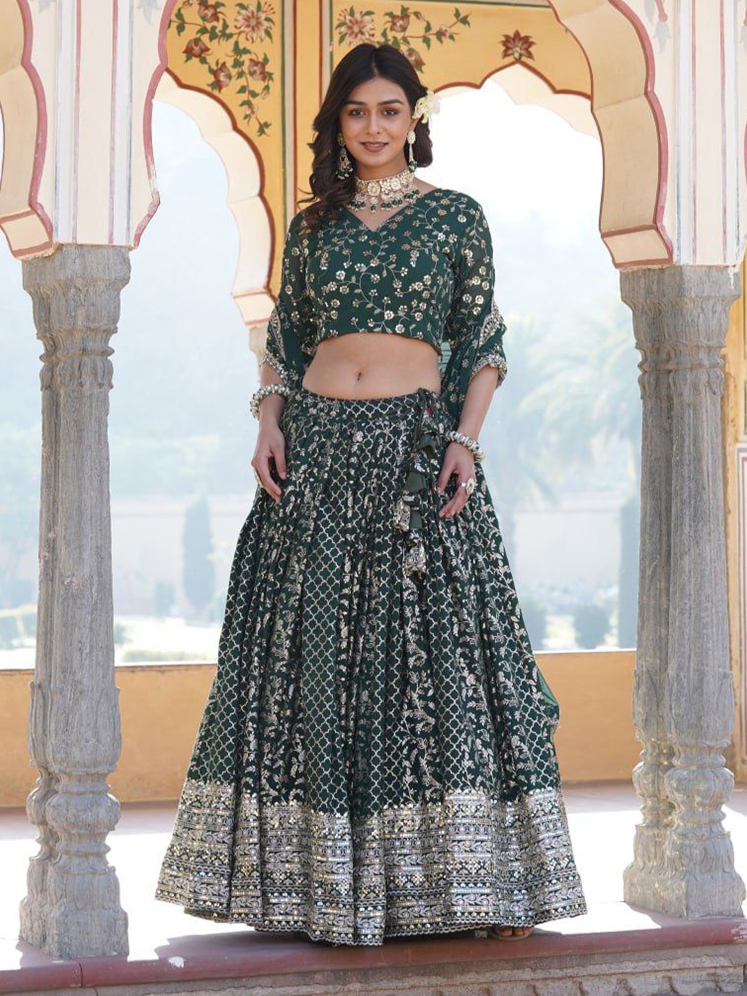 

ZIBLON Ready to Wear Lehenga & Unstitched Blouse With Dupatta, Green