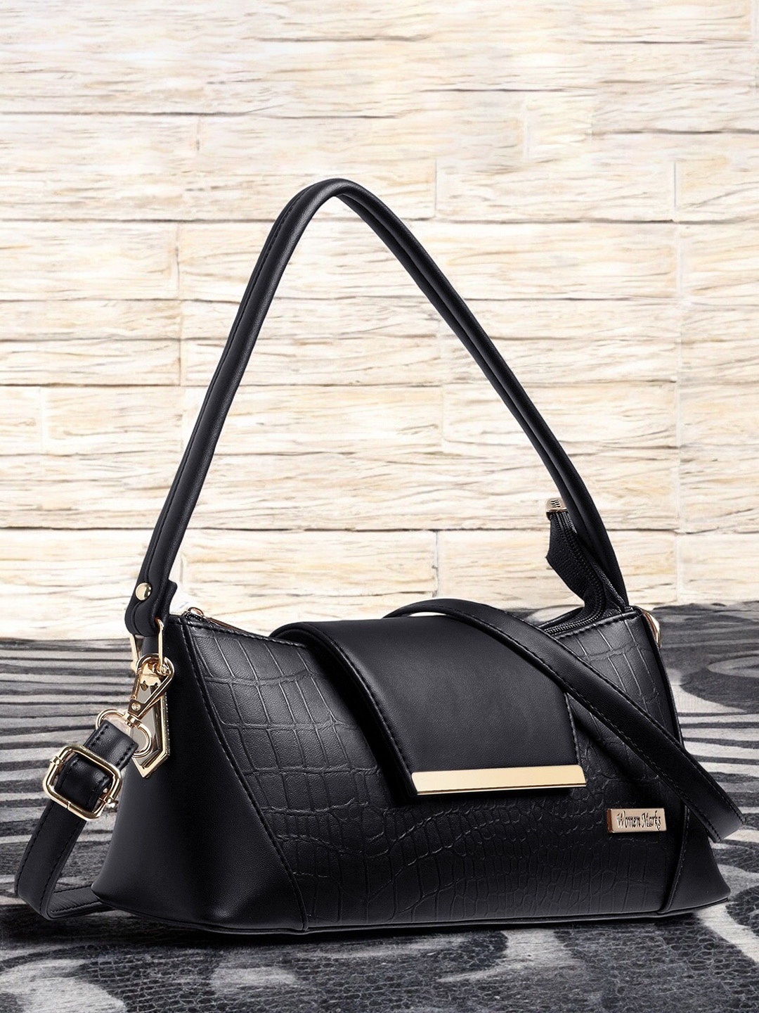 

WOMEN MARKS Textured PU Structured Sling Bag with Cut Work, Black