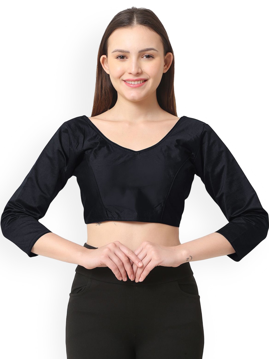 

Trendzmy V-Neck Three-Quarter Sleeves Saree Blouse, Black