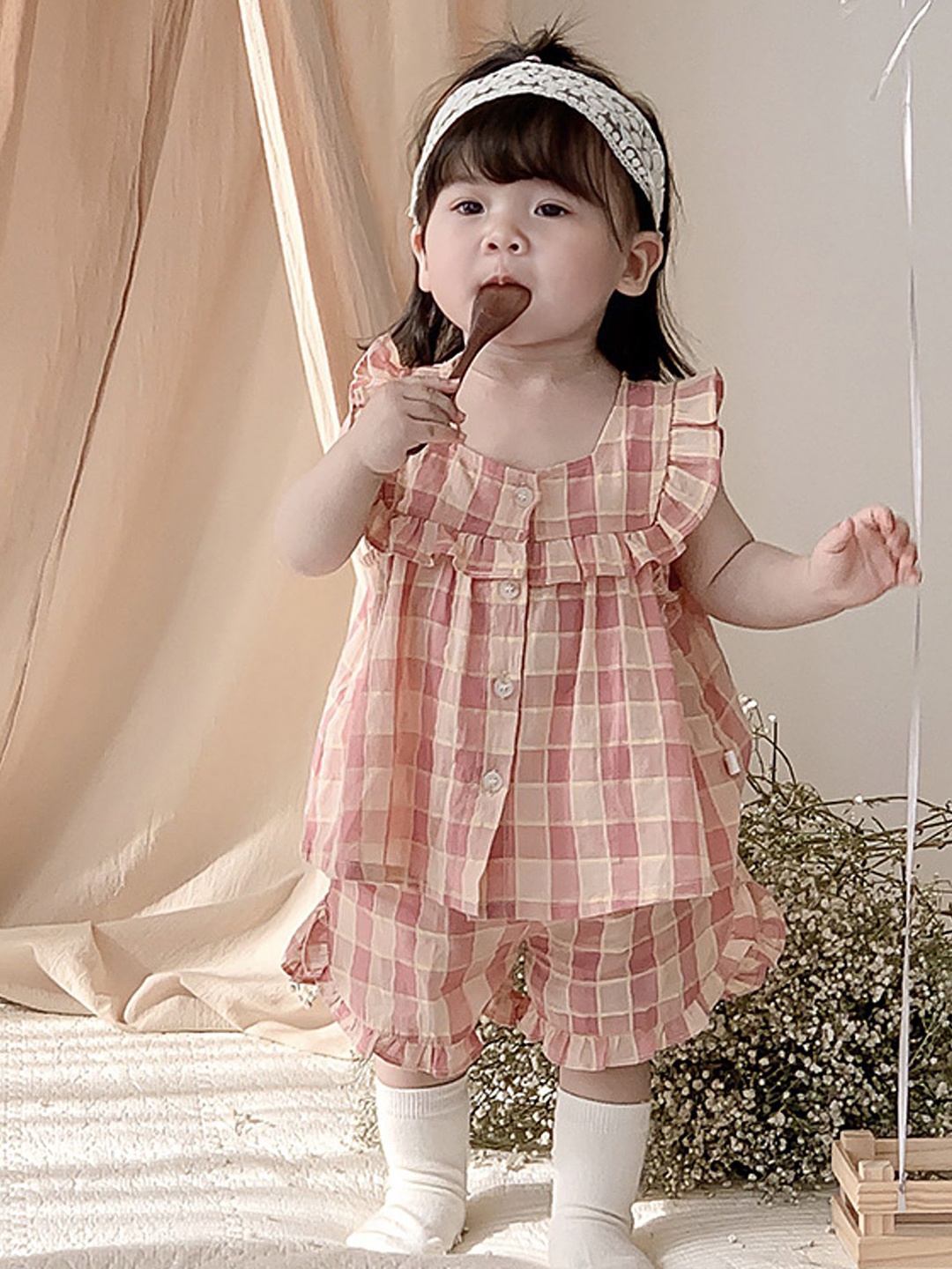 

LULU & SKY Girls Checked Top with Shorts, Pink