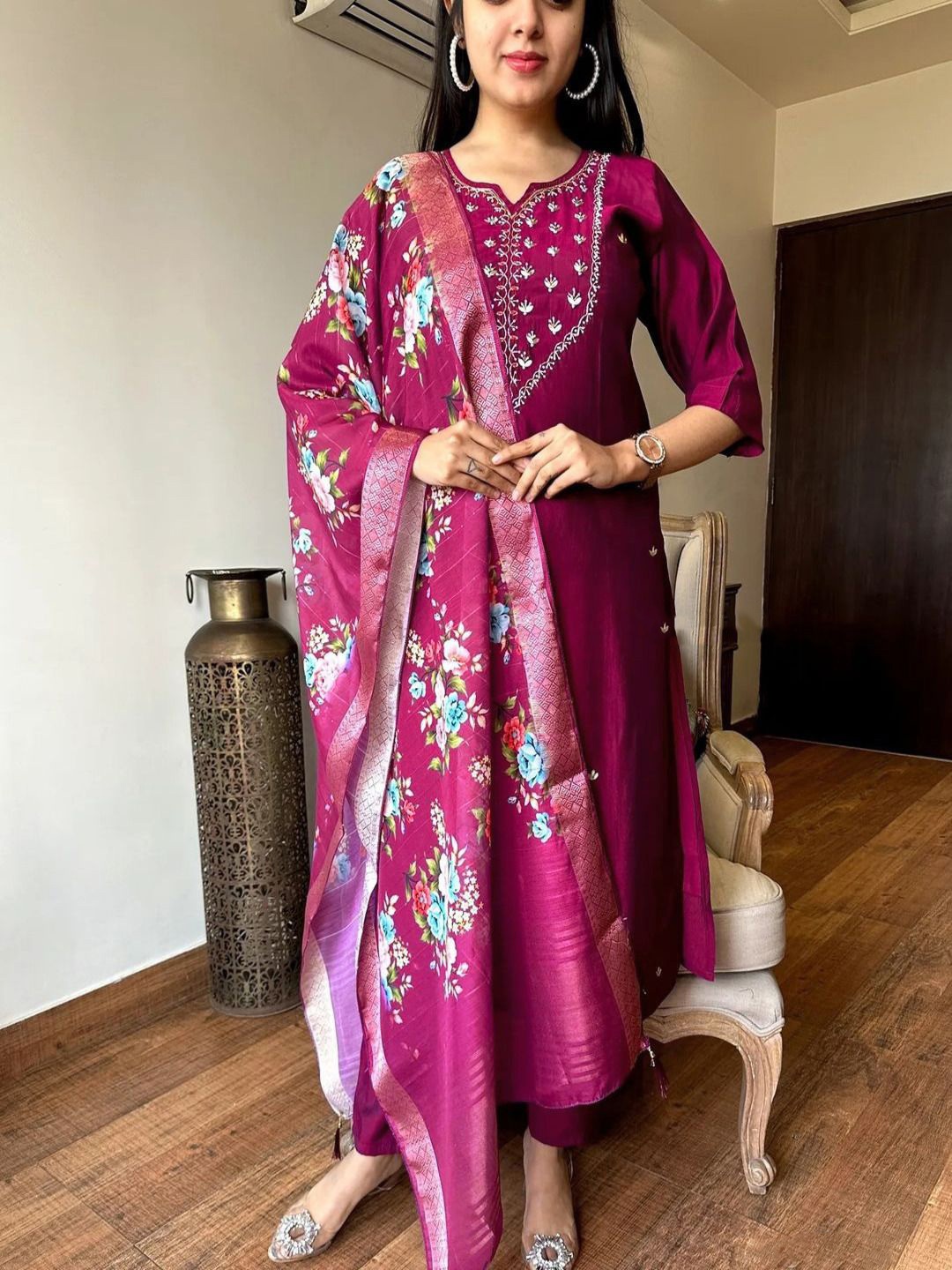

Siya Fashion Women Floral Yoke Design Regular Kurta with Trousers & With Dupatta, Purple