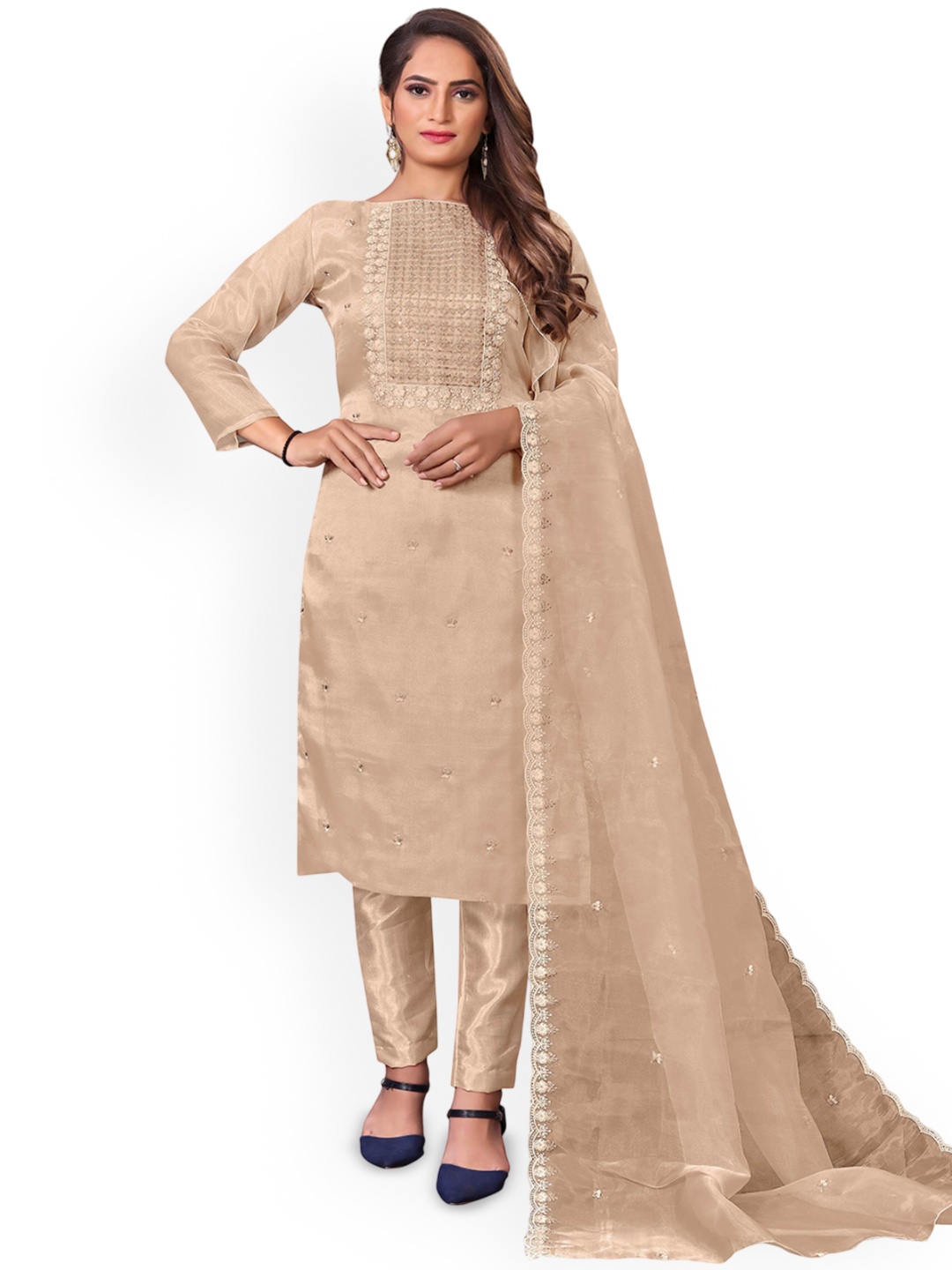 

SHADOW & SAINING Embroidered Organza Unstitched Dress Material, Beige