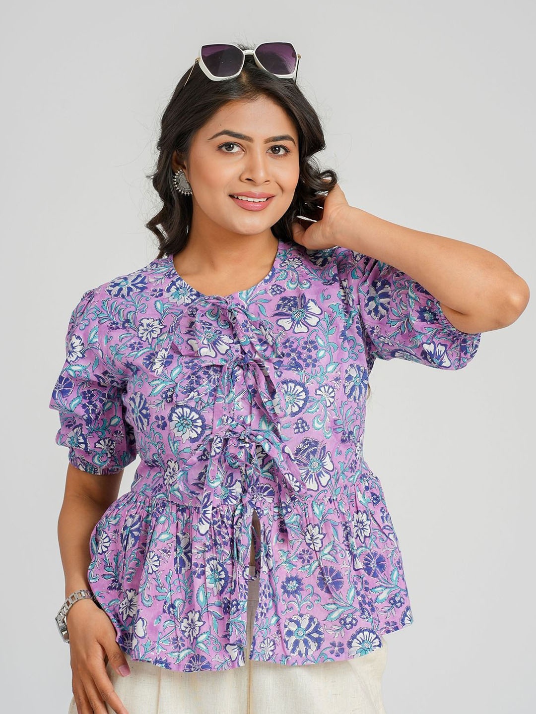 

Cotton Curio Floral Printed Gotta Patti Pure Cotton Maternity Gotta Patti Empire Anarkali Kurti, Purple