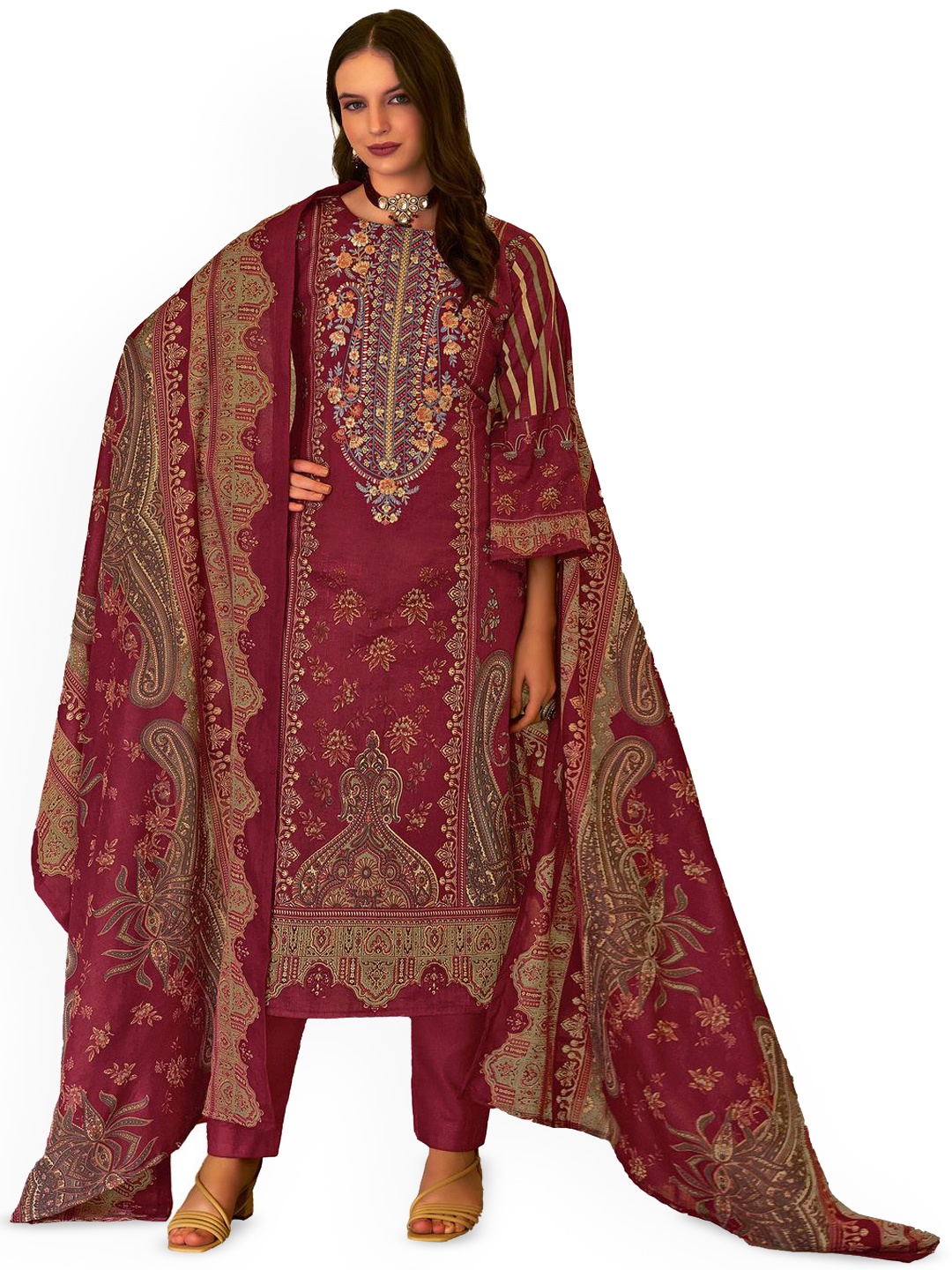 

DRAVINAM Trends Embroidered Pure Cotton Unstitched Dress Material, Maroon
