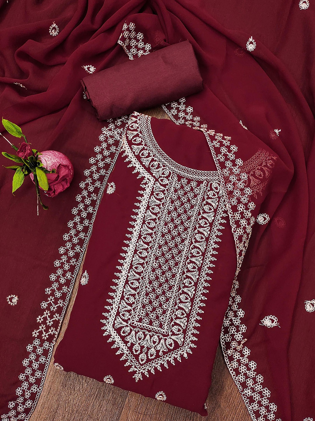 

SHADOW & SAINING Embroidered Silk Georgette Unstitched Dress Material, Maroon
